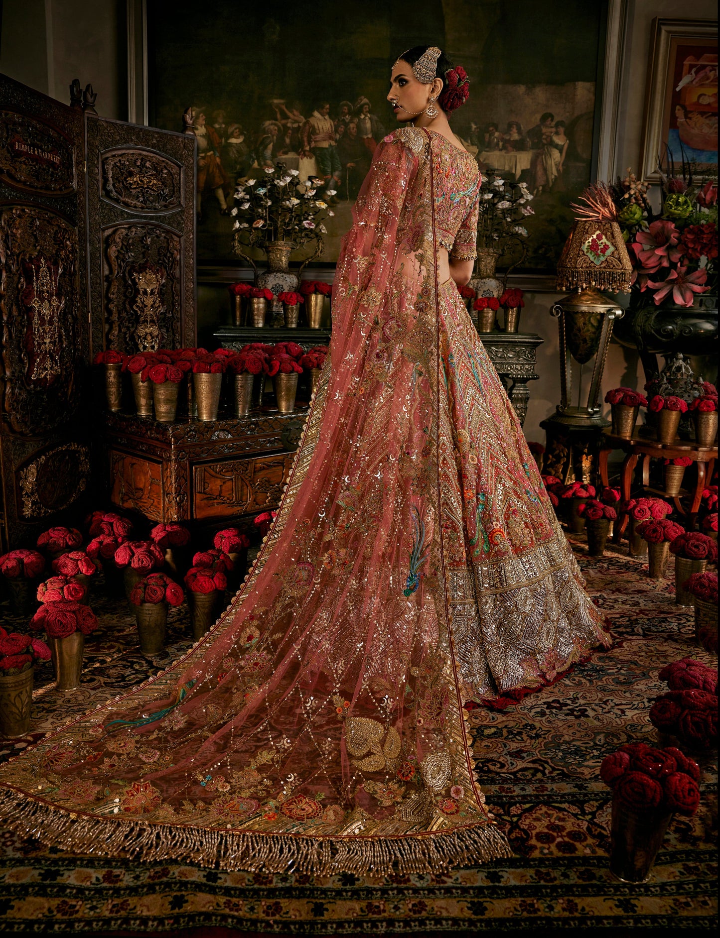 Coral Hued Tulle Lehenga