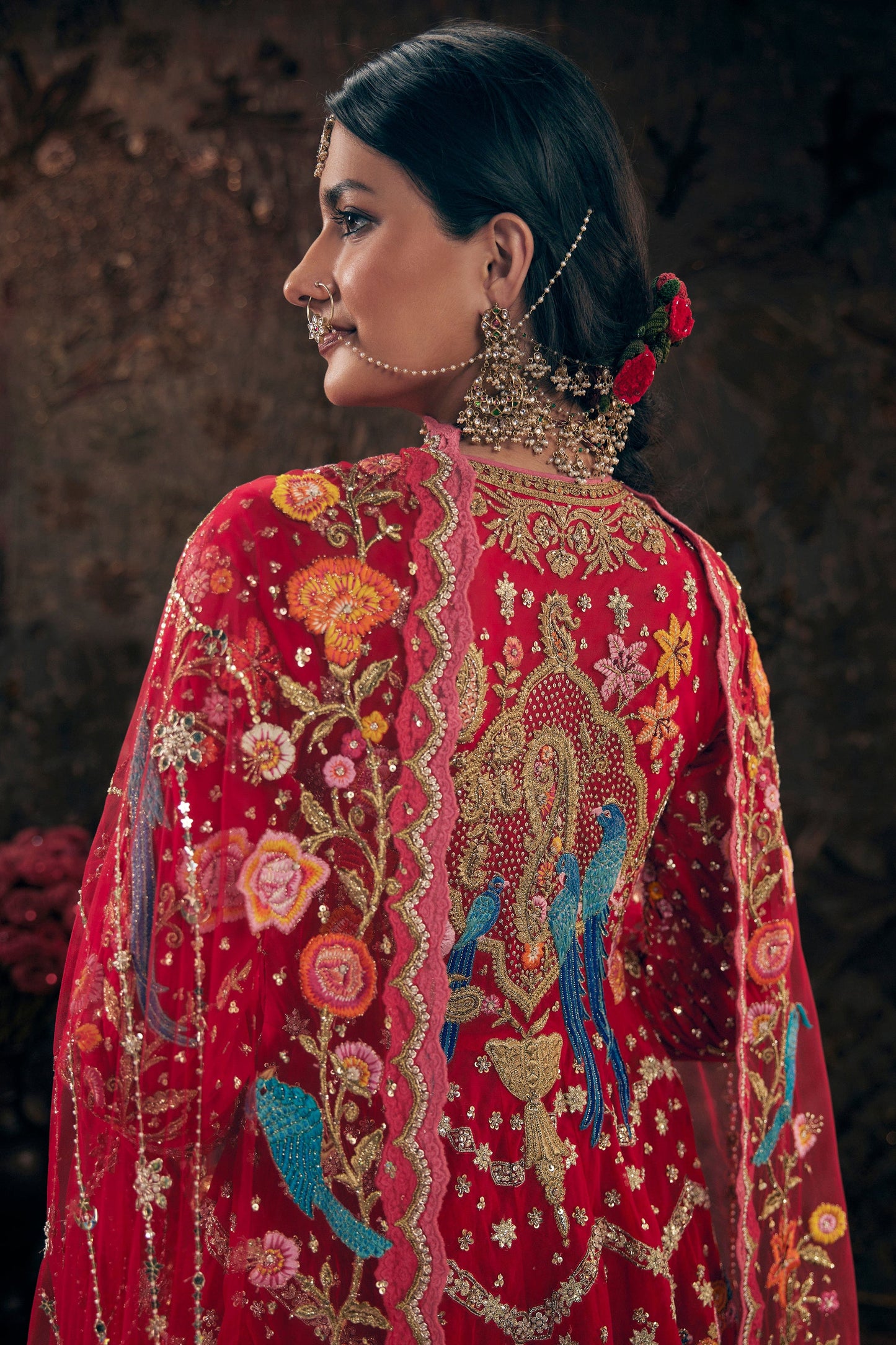 Deep Red Embroidered Kalidar Set