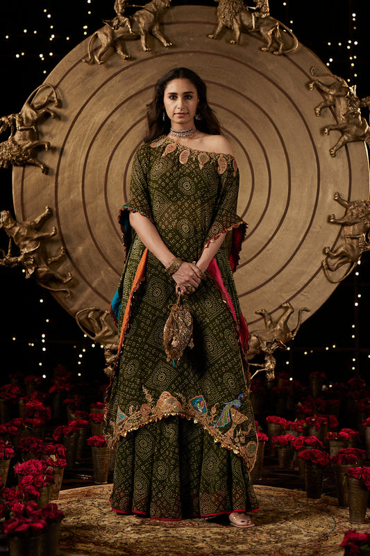 Deep Green Bandhej Kaftan & Sharara