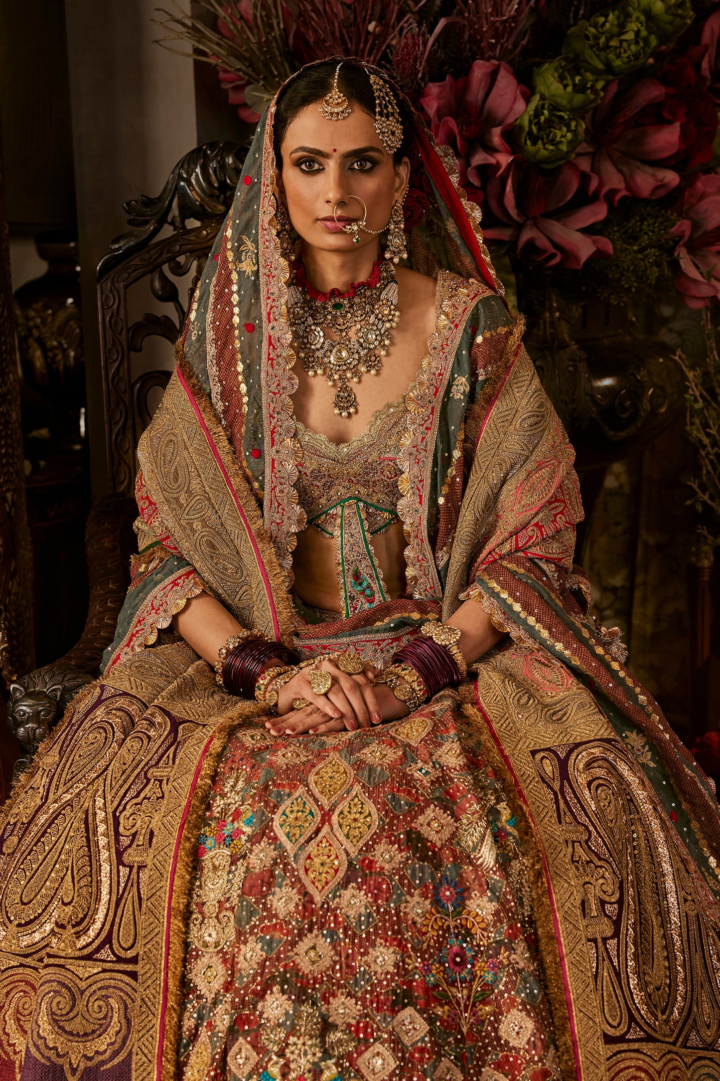 Earthy Brown & Teal Lehenga