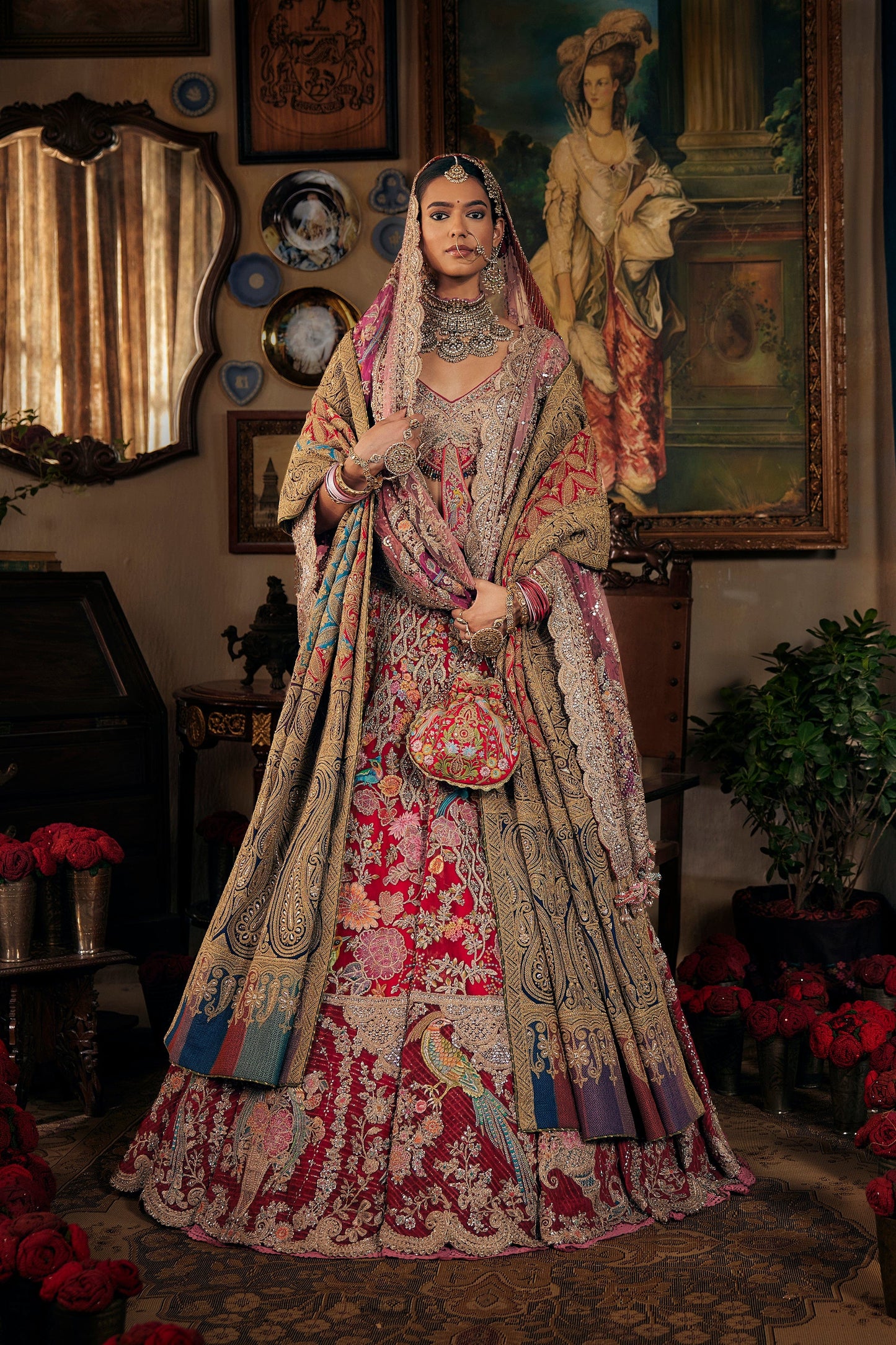 Deep Red Tulle And Silk Lehenga
