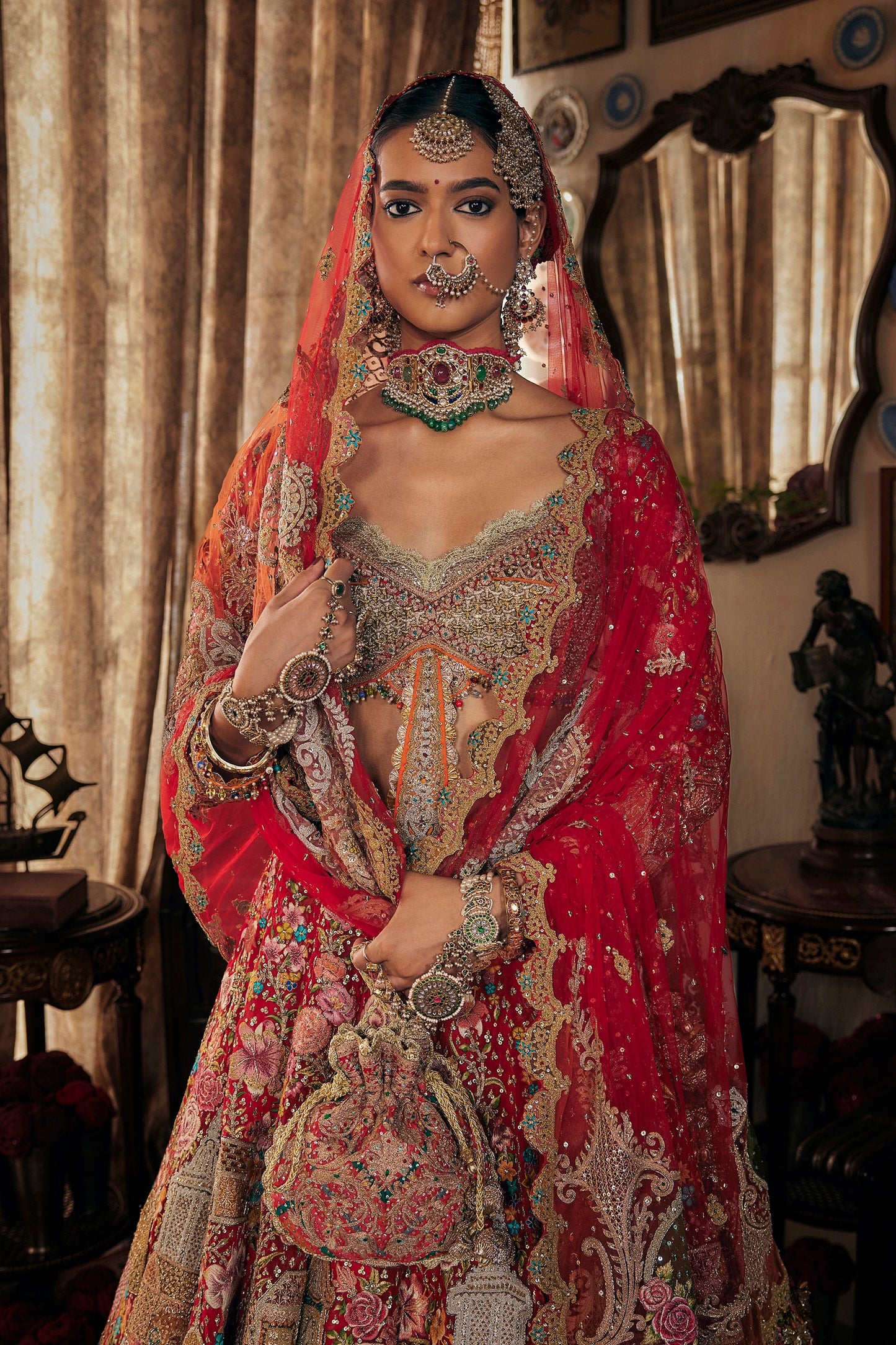 Crimson Red Cambodian Tulle Lehenga