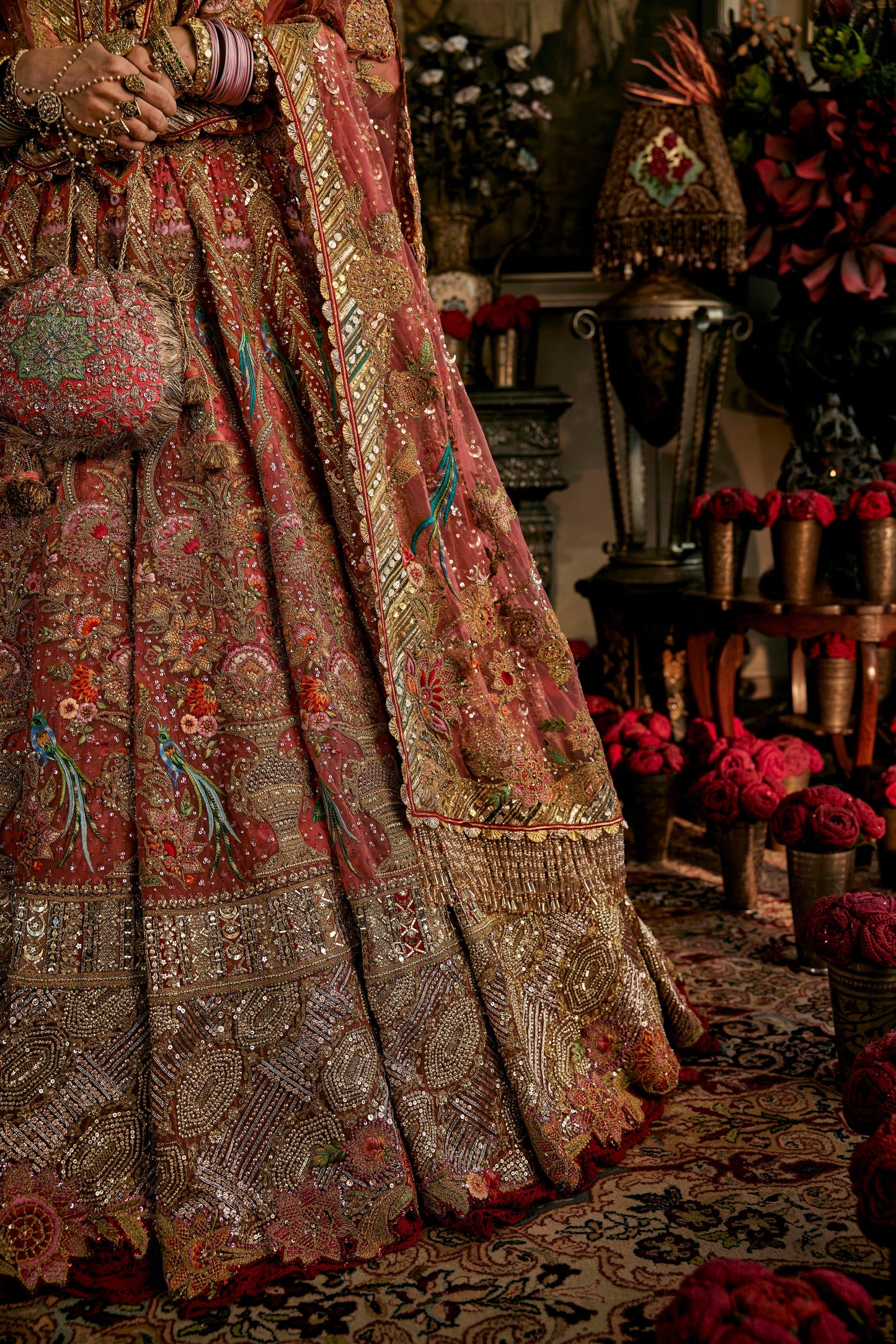 Coral Hued Tulle Lehenga