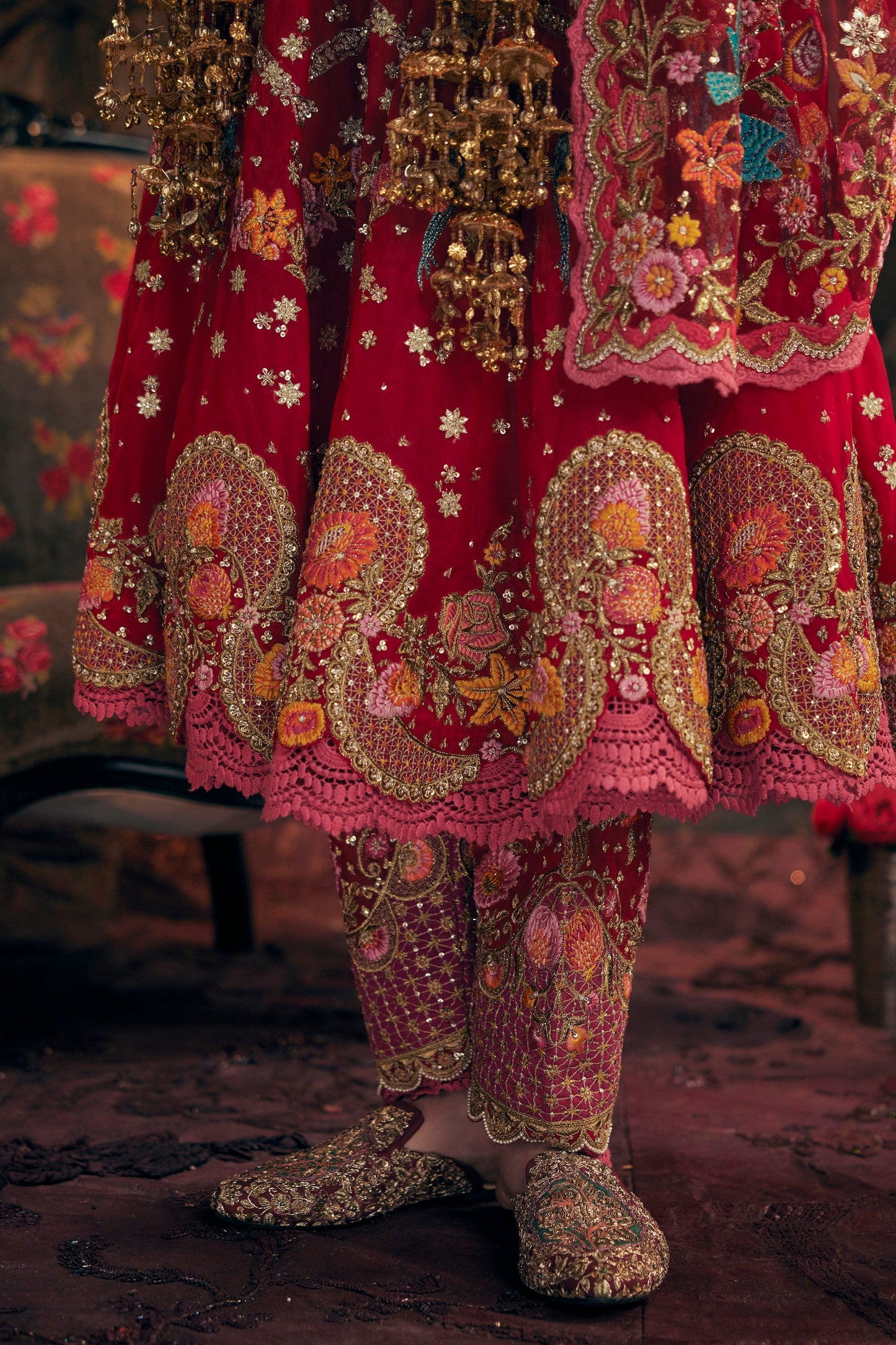 Deep Red Embroidered Kalidar Set