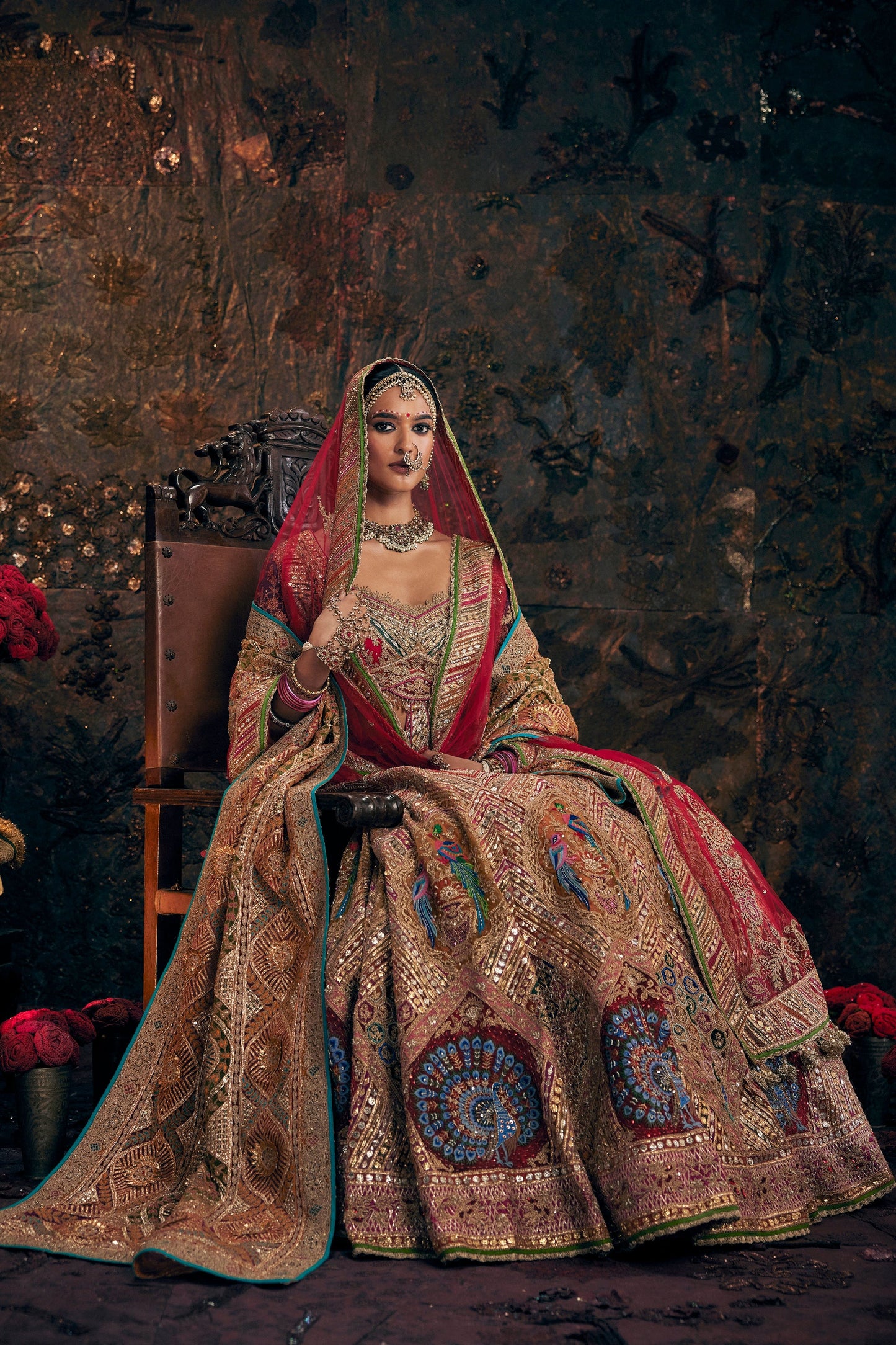 Earthy Garnet Red Avian Embroidered Lehenga