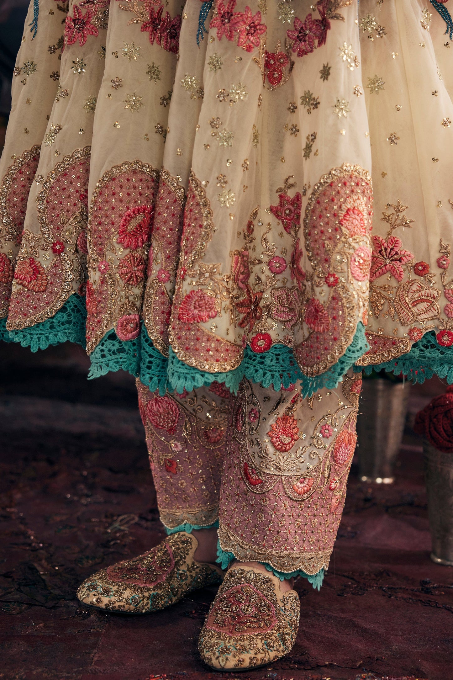 Ivory Embroidered Kalidar Set