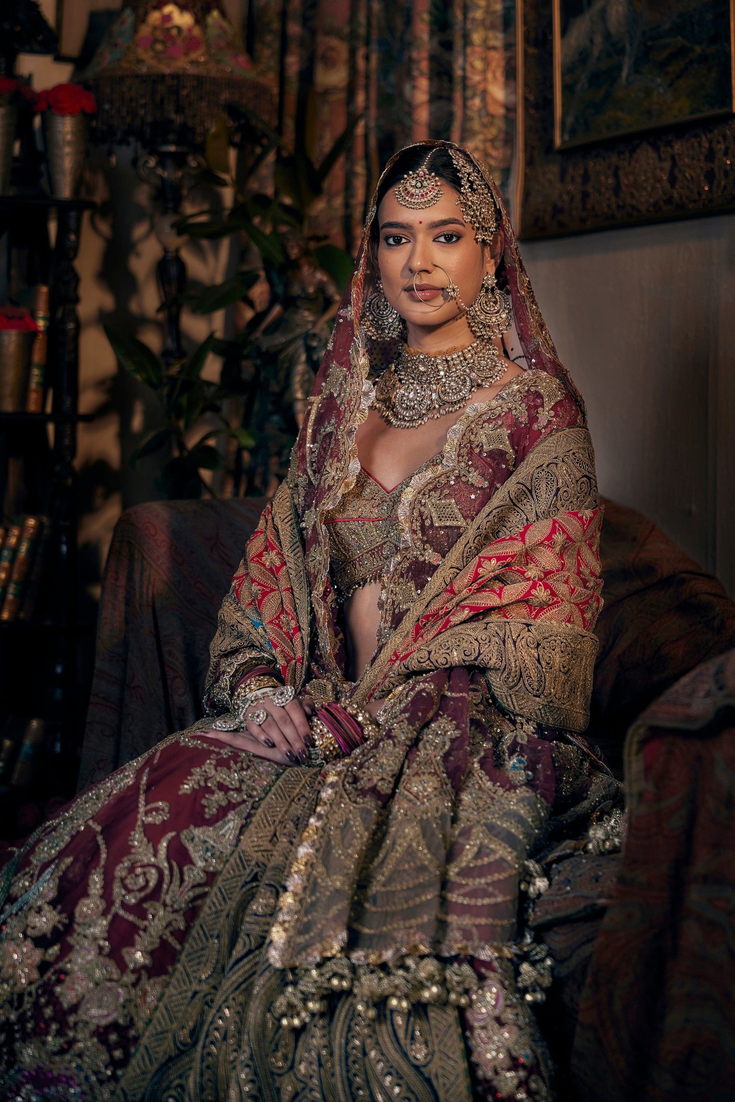 Garnet Red Archival Tulle Lehenga