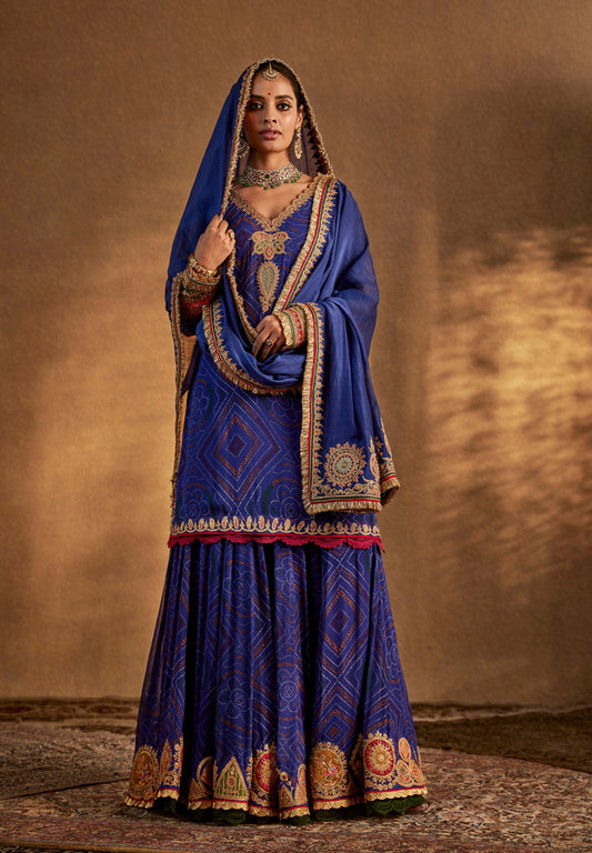 Designer deep blue Sharara Set with golden prints and dupatta, traditional festive ethnic wear for women.