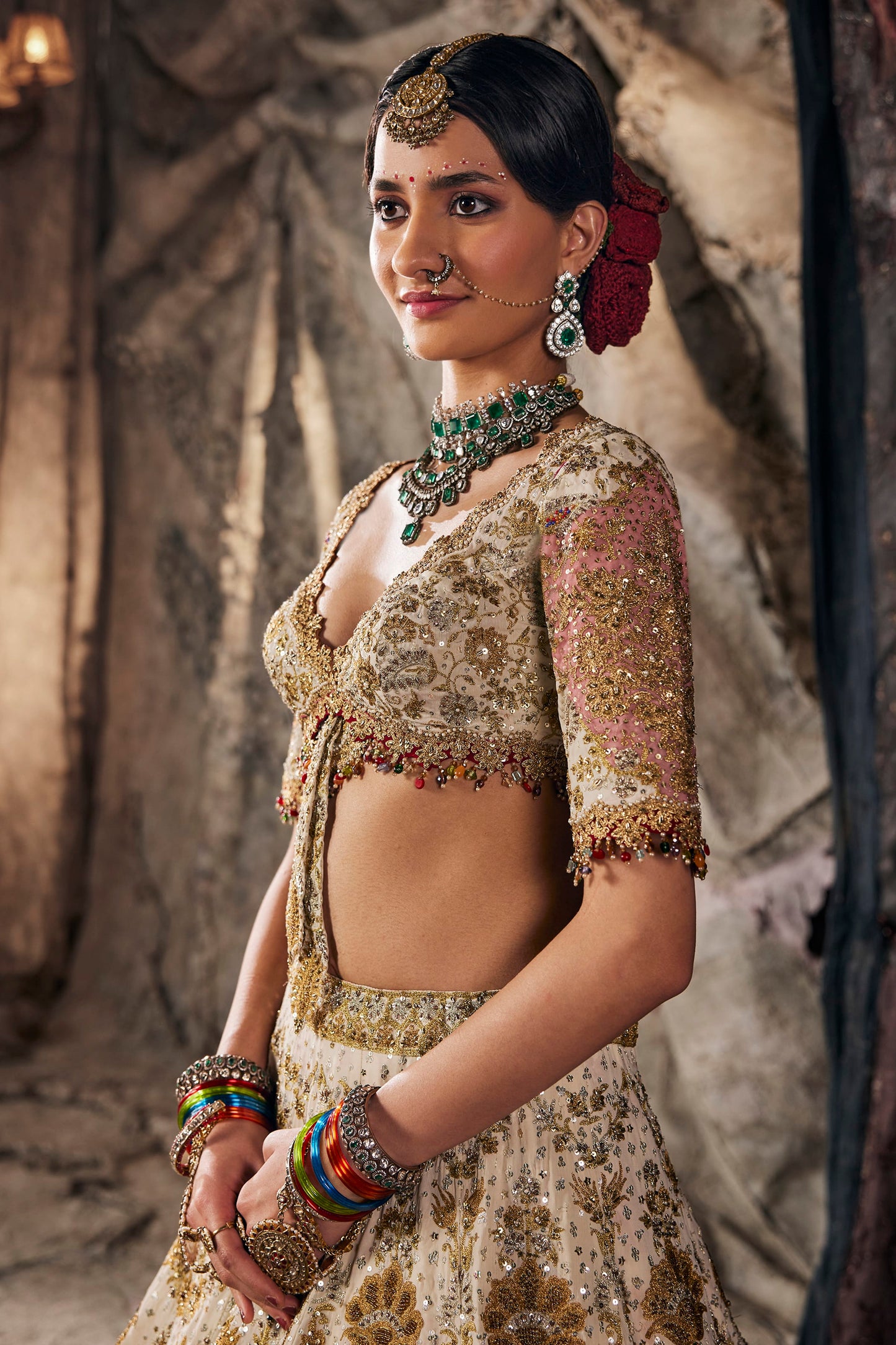 Red & Ivory Embroidered Georgette Lehenga