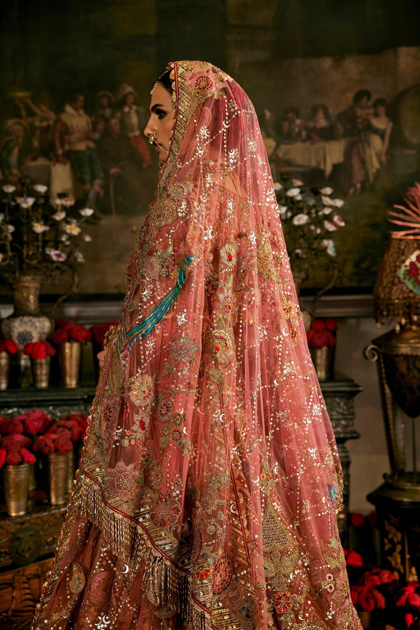 Coral Hued Tulle Lehenga
