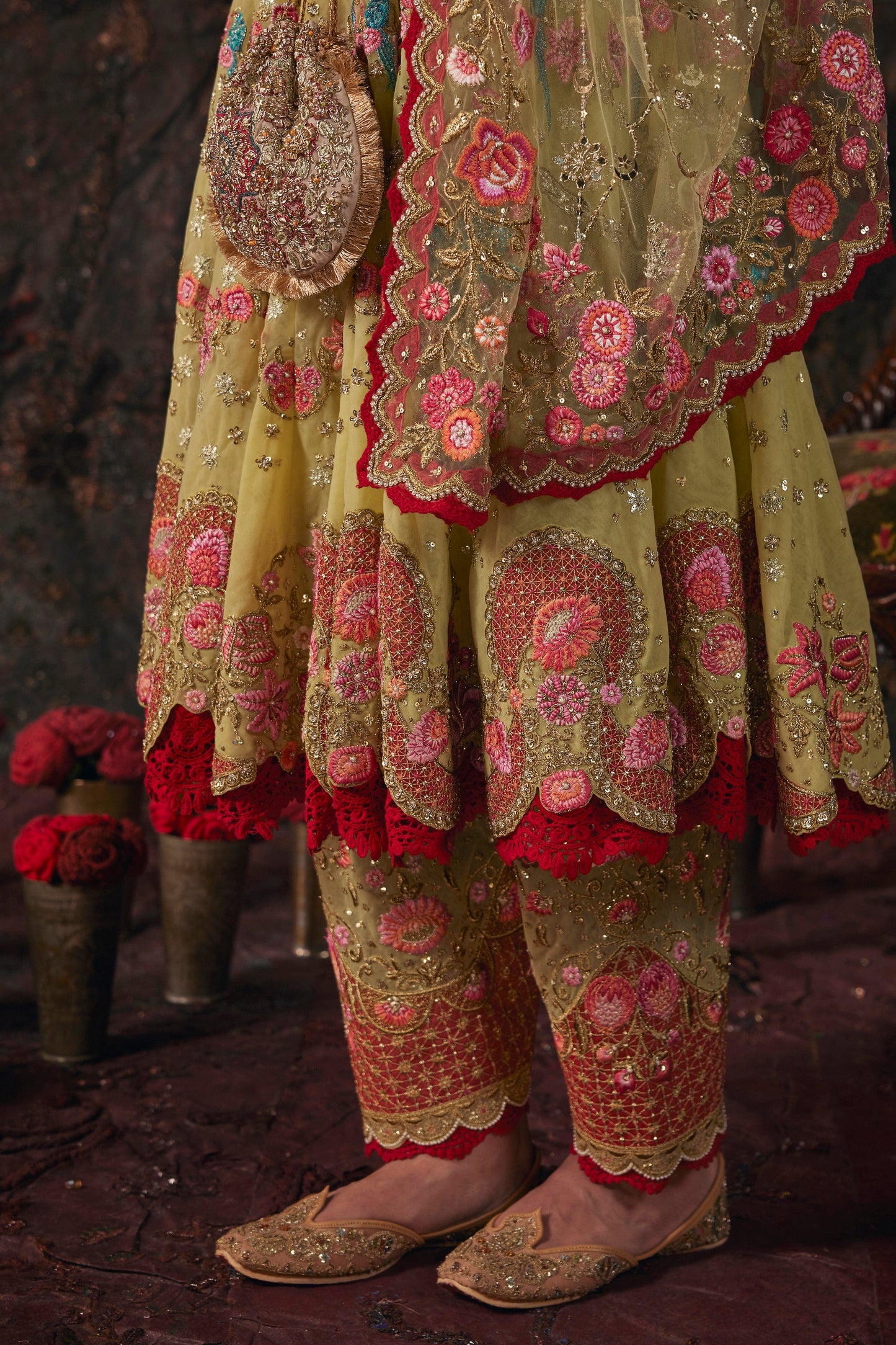 Earthy Pistachio Embroidered Kalidar Set