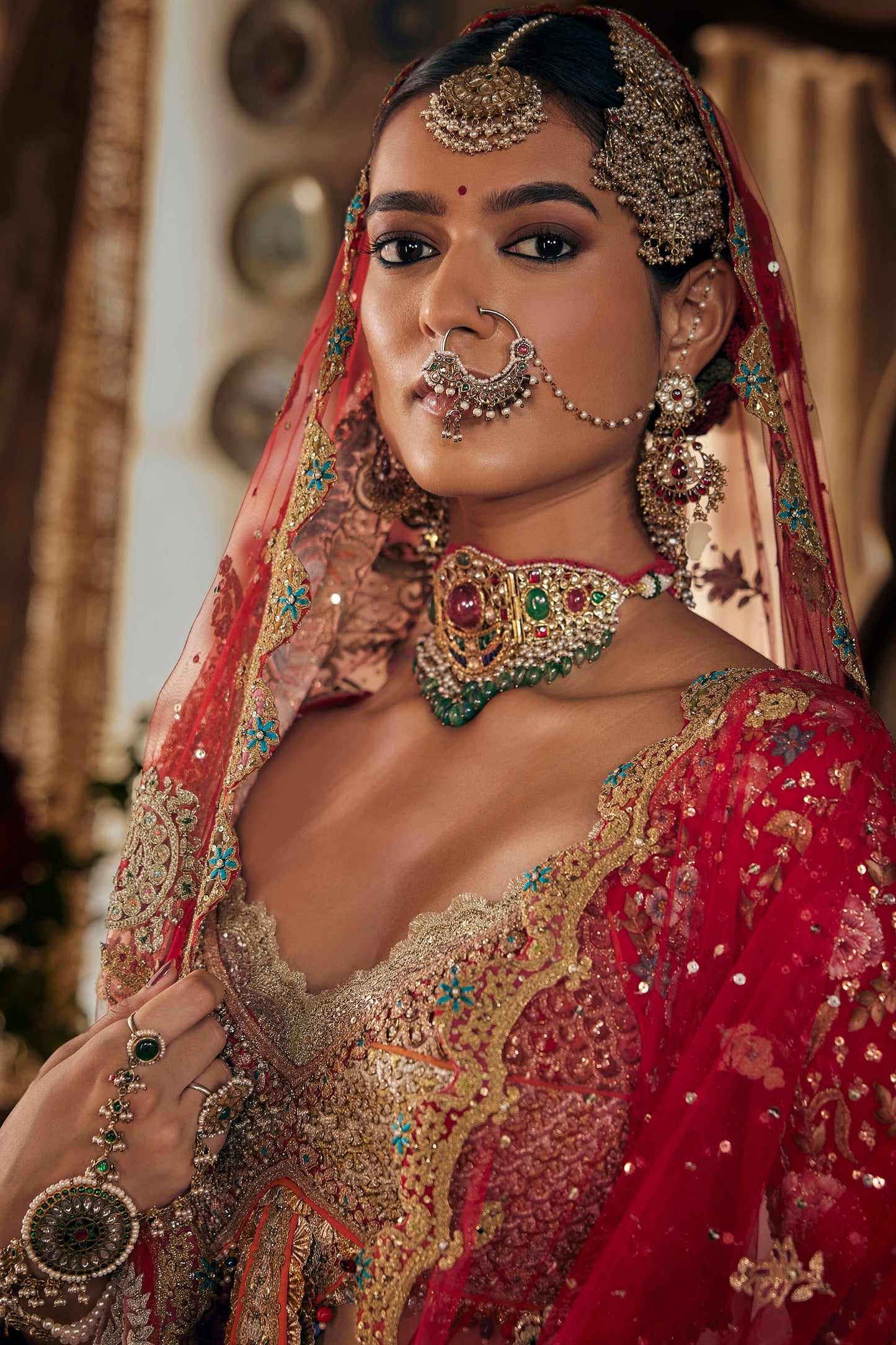 Crimson Red Cambodian Tulle Lehenga