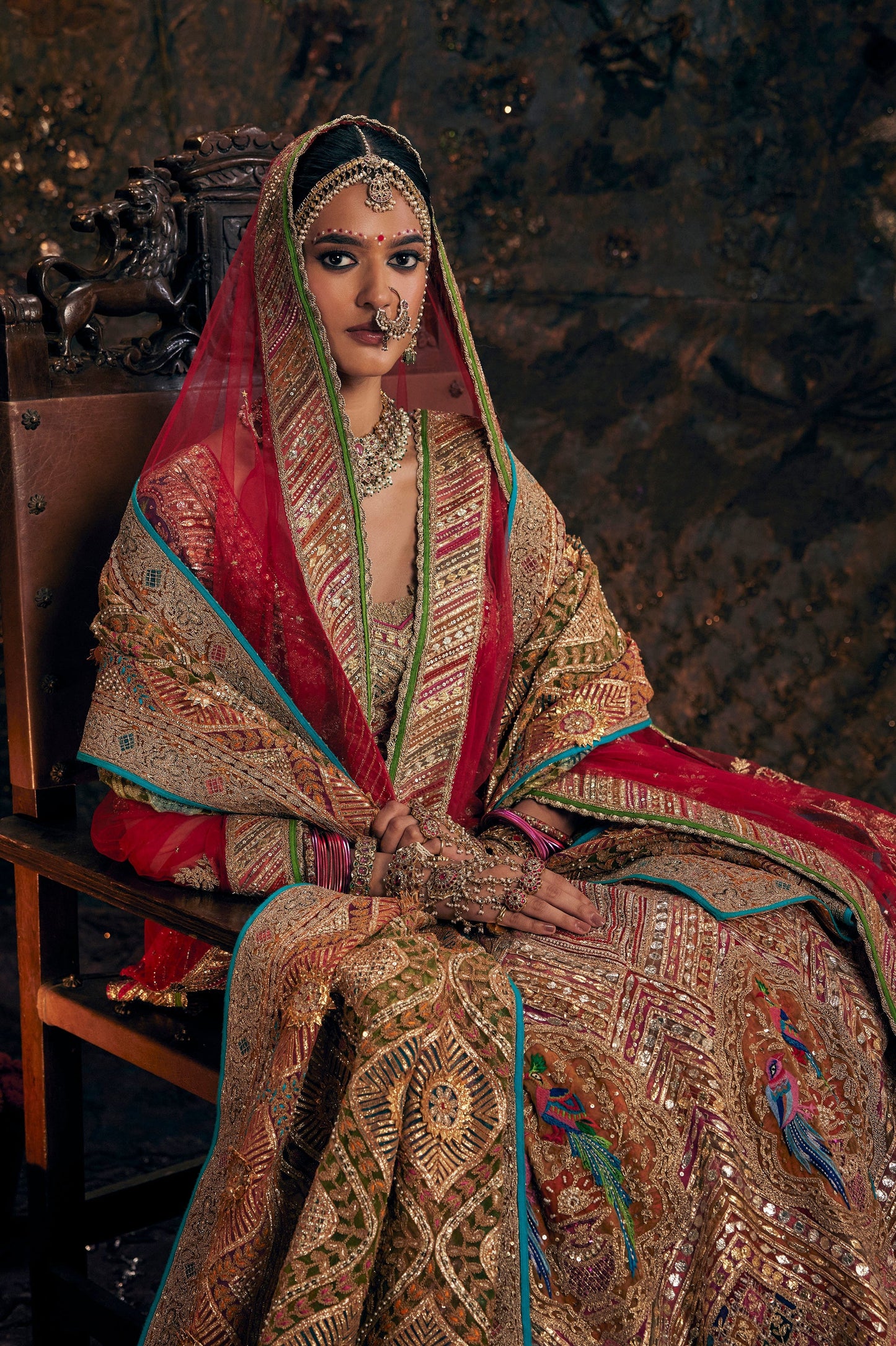 Earthy Garnet Red Avian Embroidered Lehenga