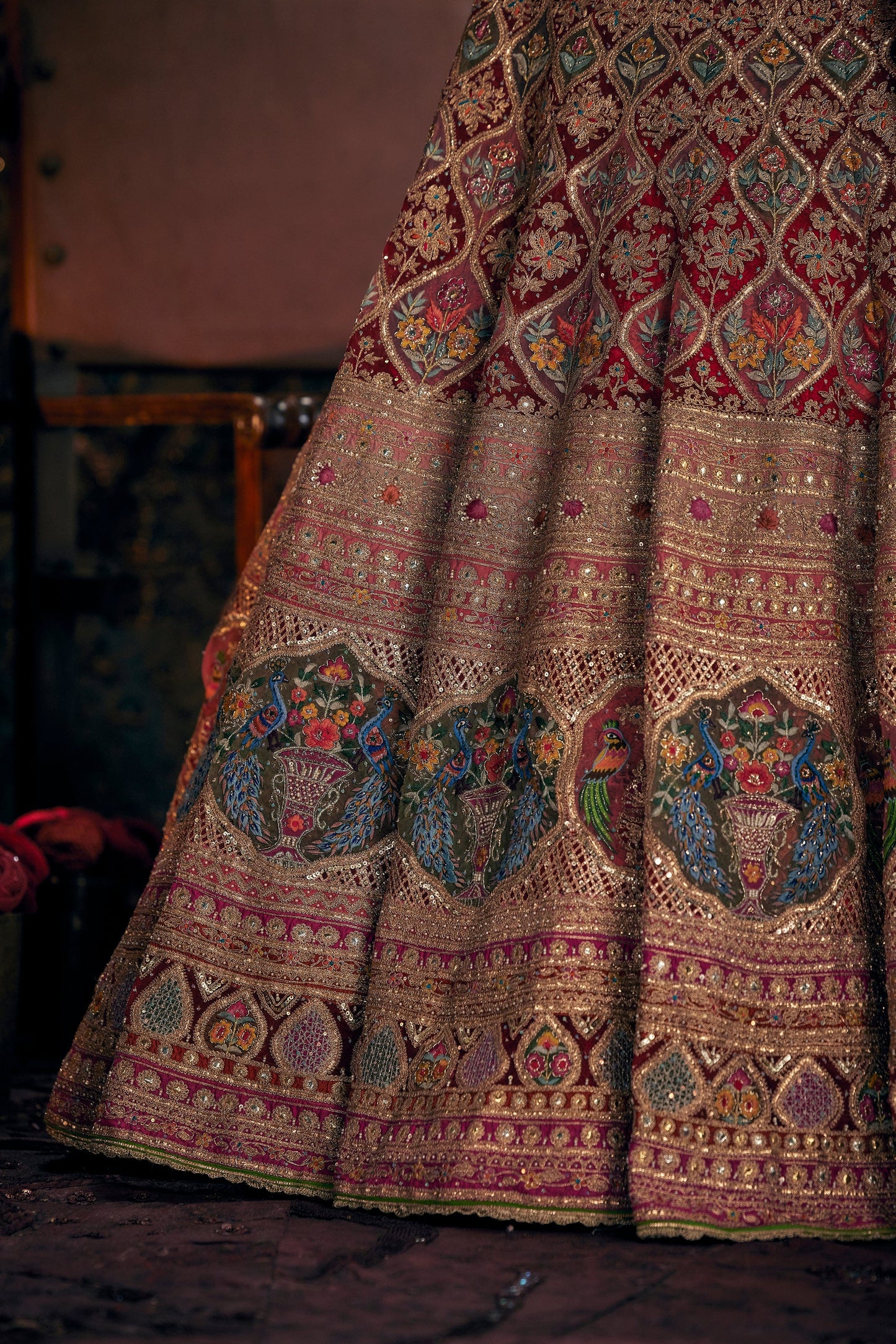 Garnet Red Floral Embroidered Lehenga