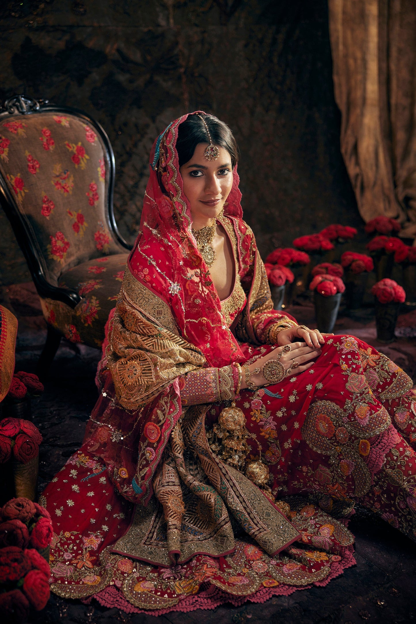 Deep Red Embroidered Kalidar Set