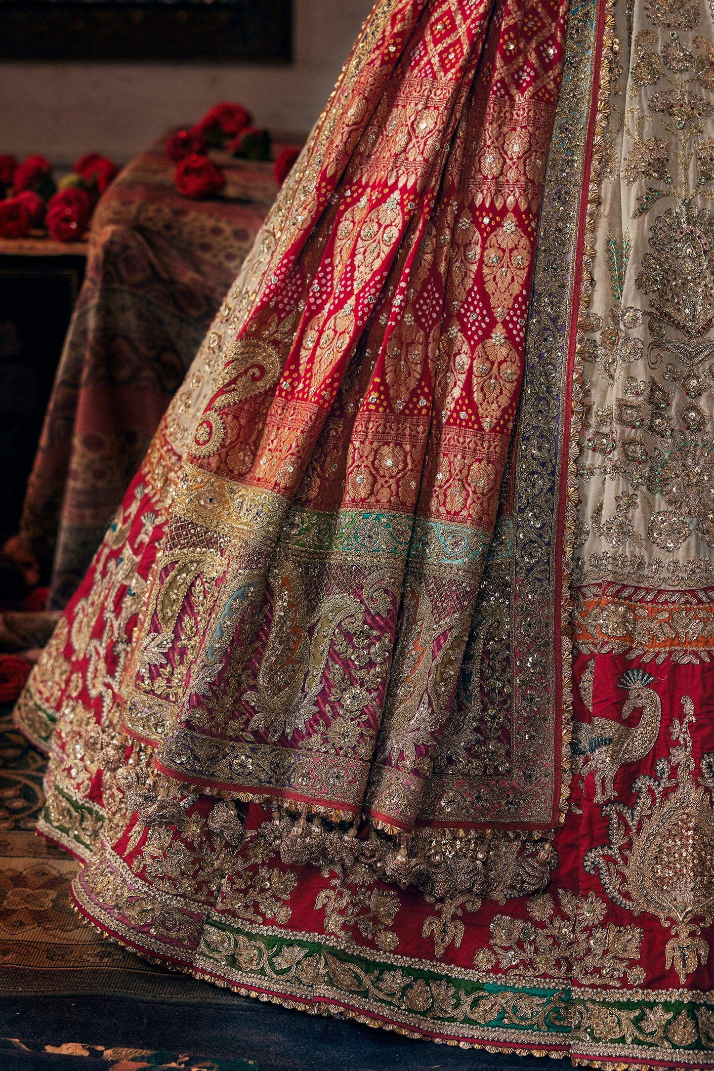 Ivory And Deep Red Floral Lehenga