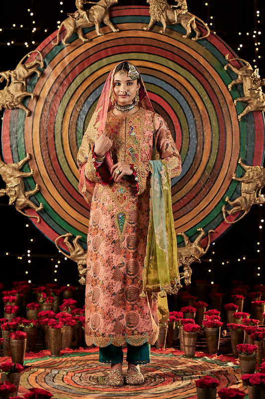 Peach Vintage Print Kurta