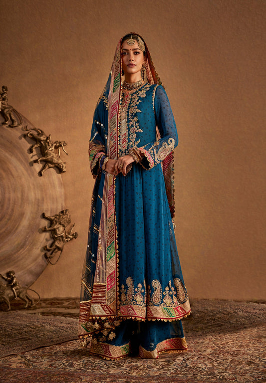 Elegant teal blue ethnic wear with gold embroidery and dupatta, perfect festive Sharara Set for women.
