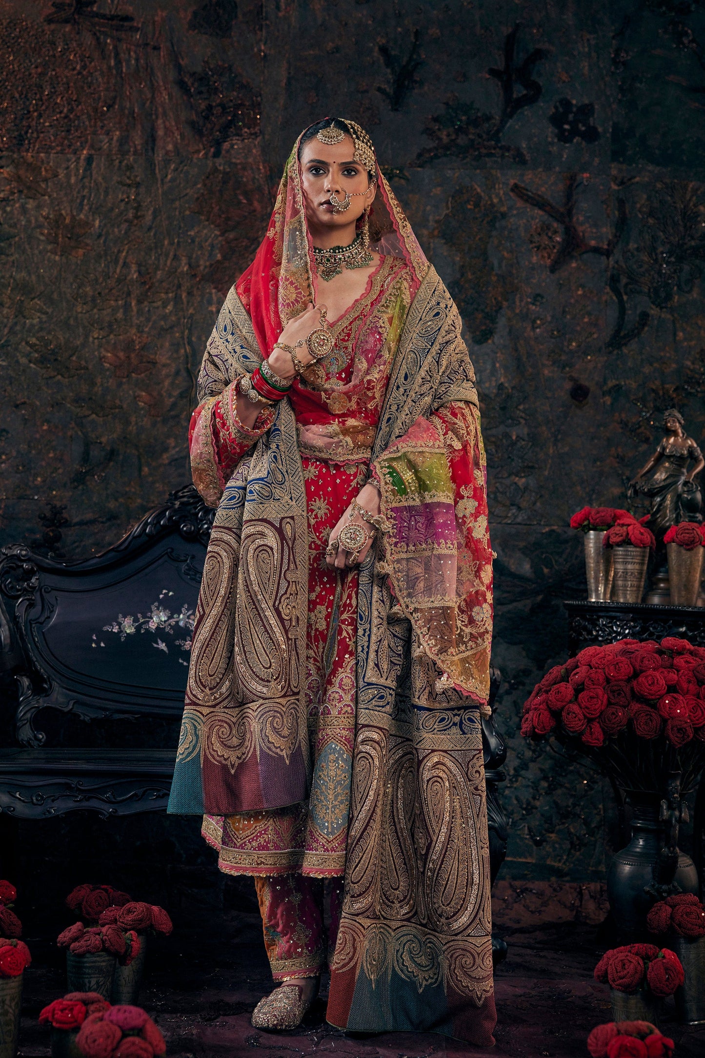 Vivid Red Embroidered Kalidar Set