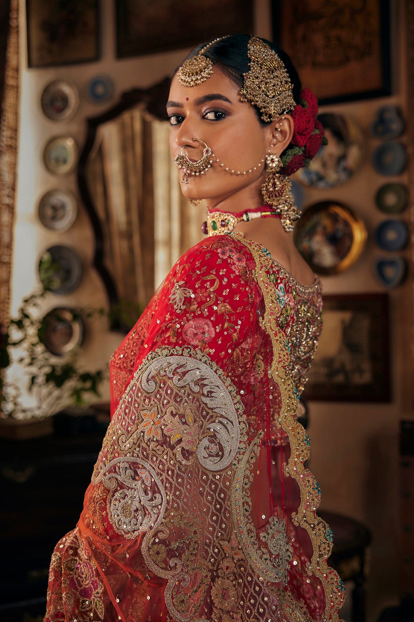 Crimson Red Cambodian Tulle Lehenga