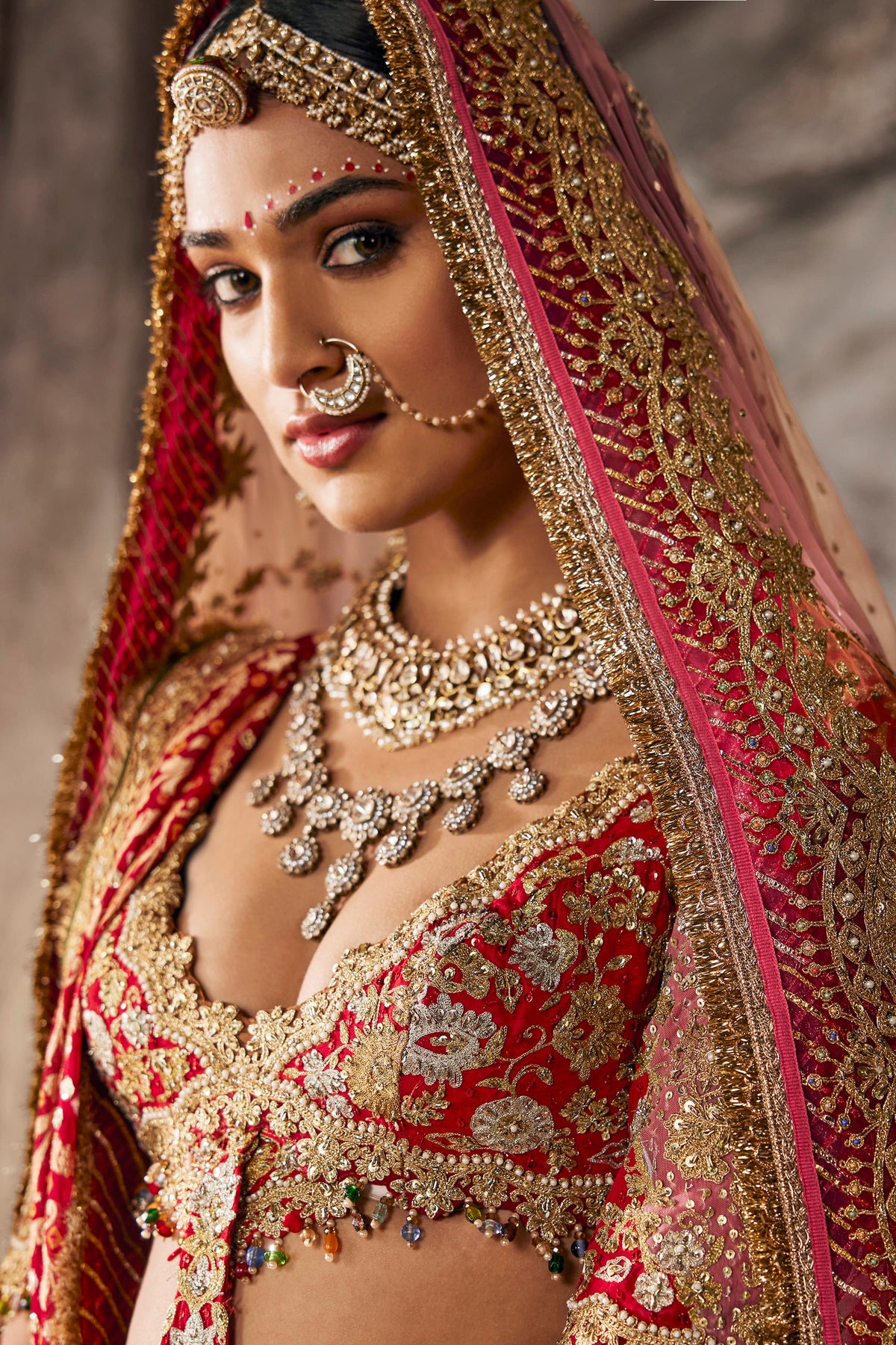 Red & Antique Gold Embroidered Lehenga