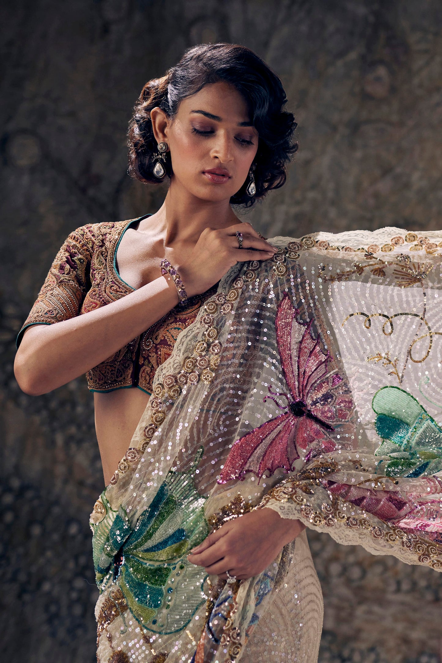 Ivory Art Deco Embroidered Tulle Saree