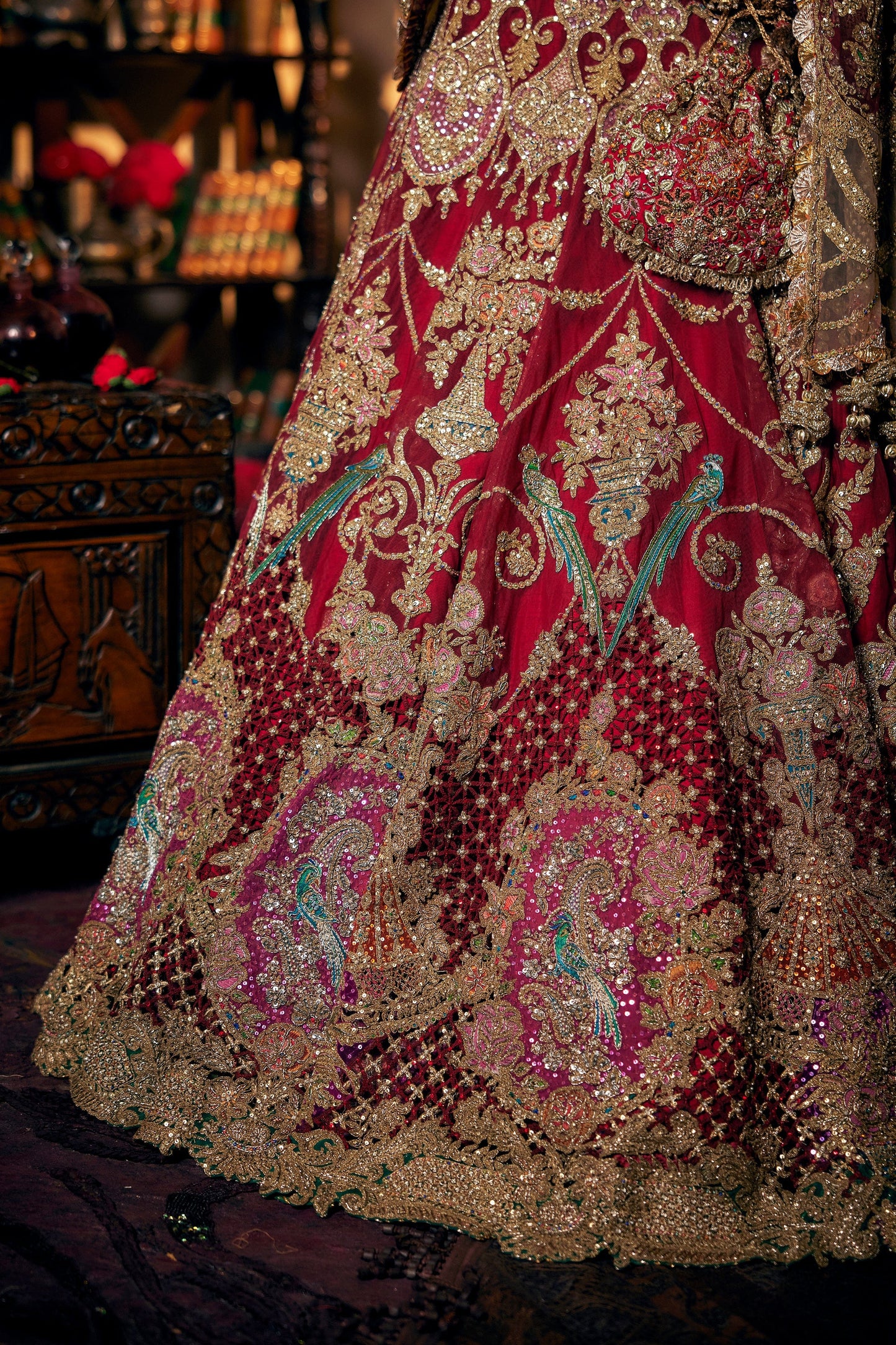 Garnet Red Archival Tulle Lehenga