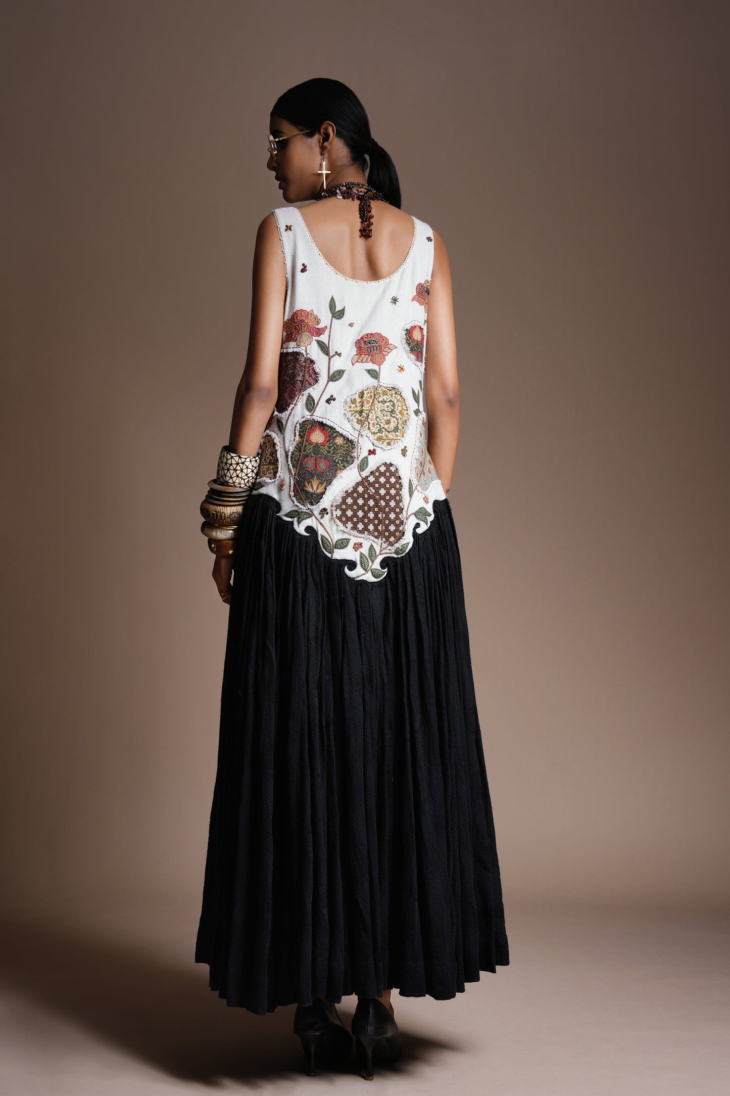 Mist Ivory & Black Blossom Patchscape Contrast Dress