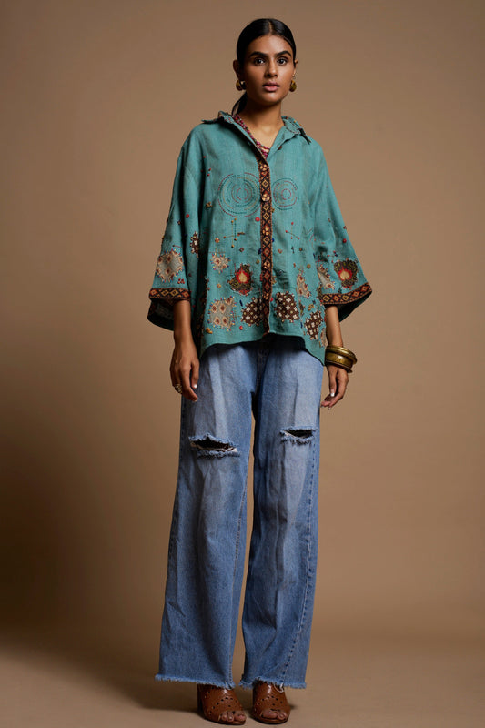 Teal Pachscape Kimono Shirt