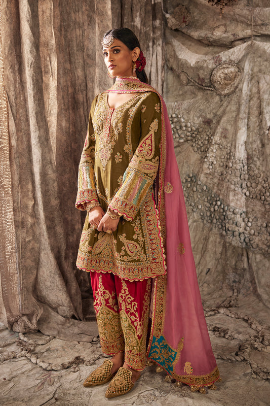 Olive Green Silk Kurta Set