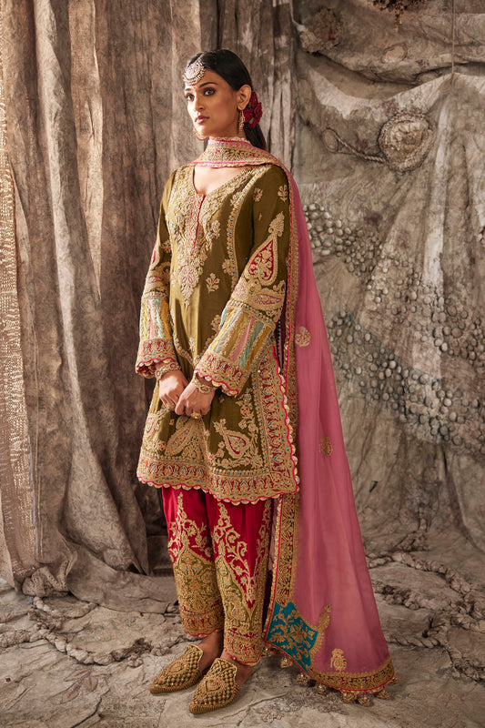 Olive Green Silk Kurta Set