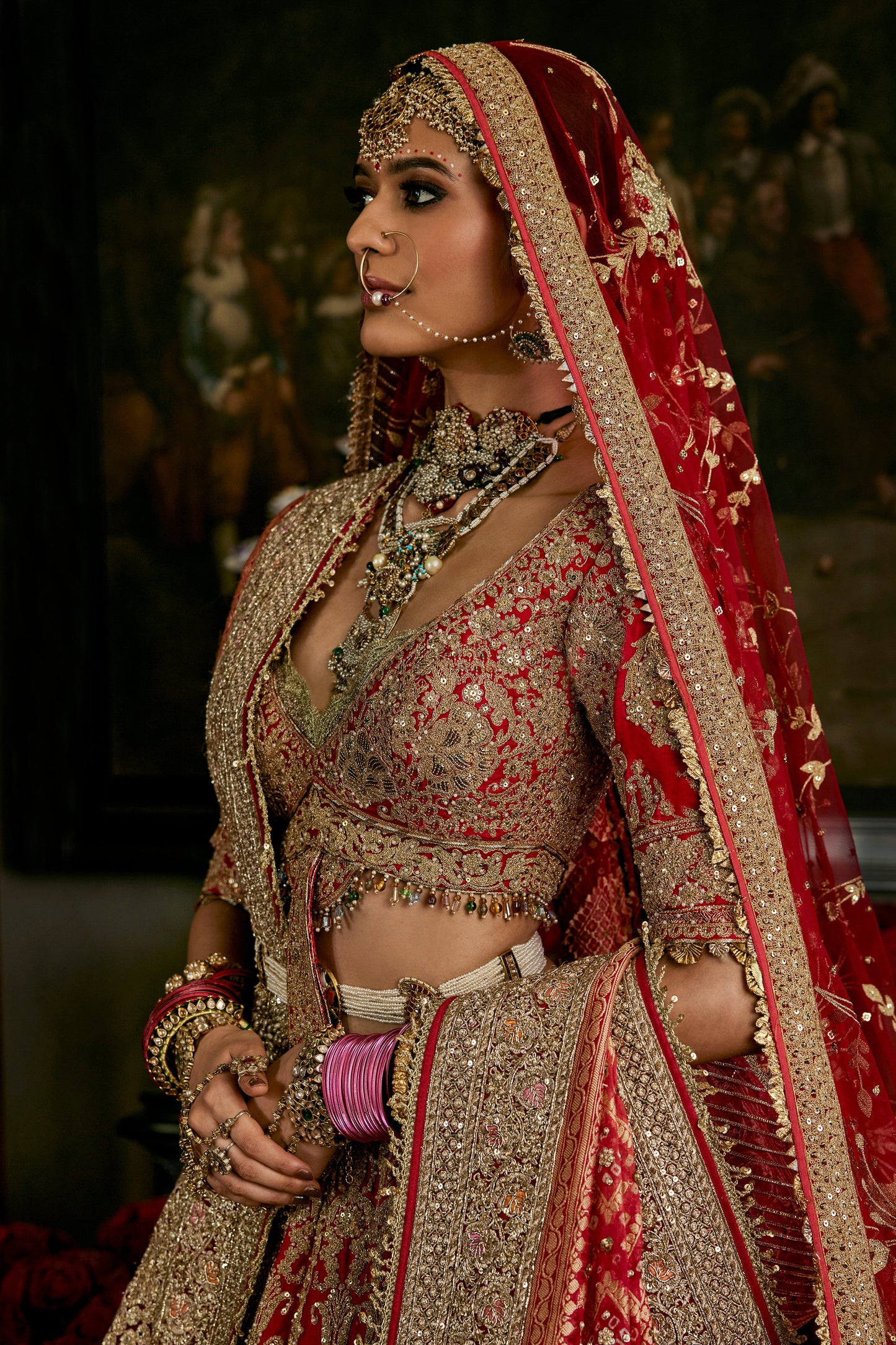 Red Mughal Inlay Lehenga