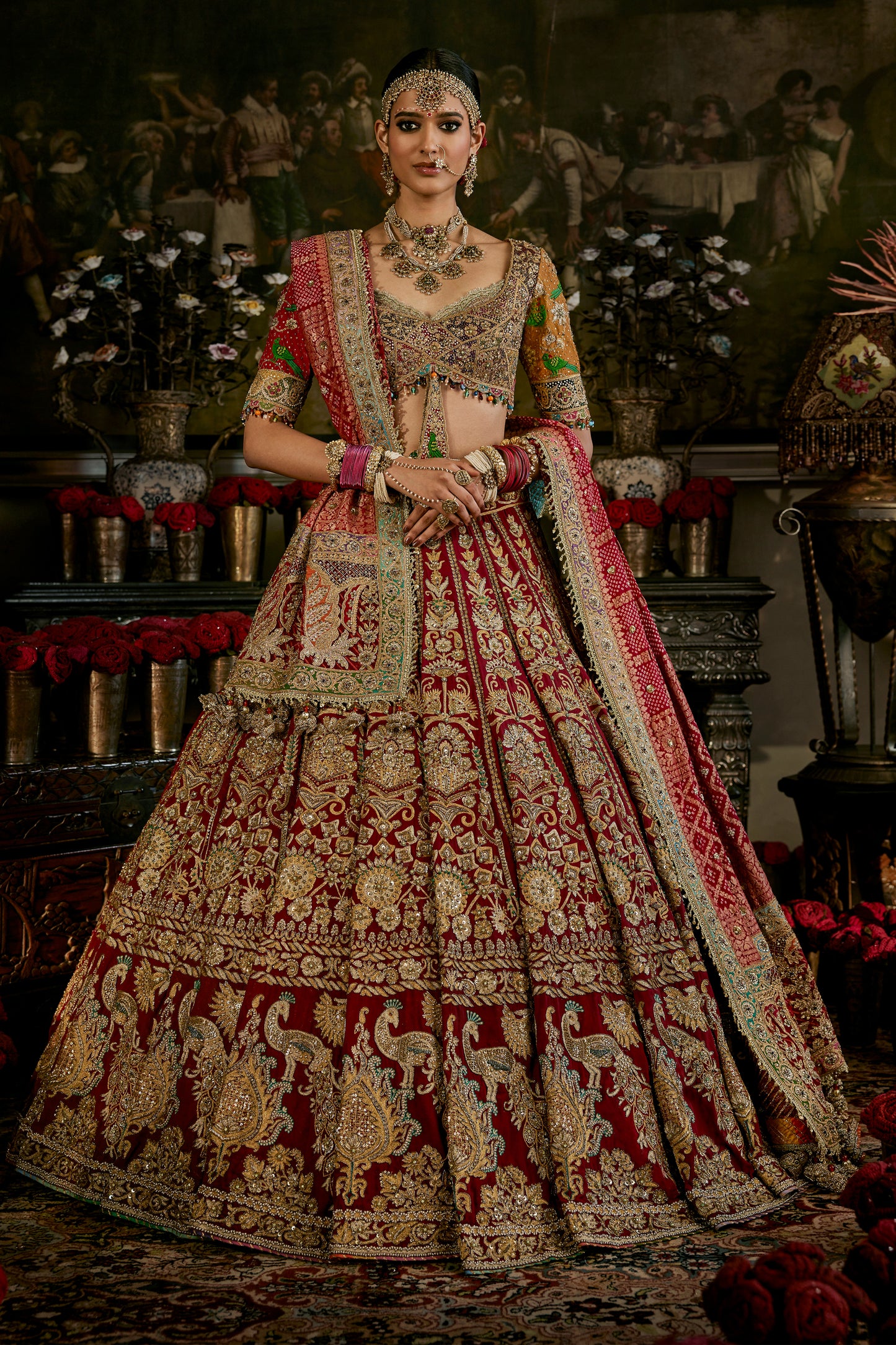 Red Vintage Brocade Lehenga
