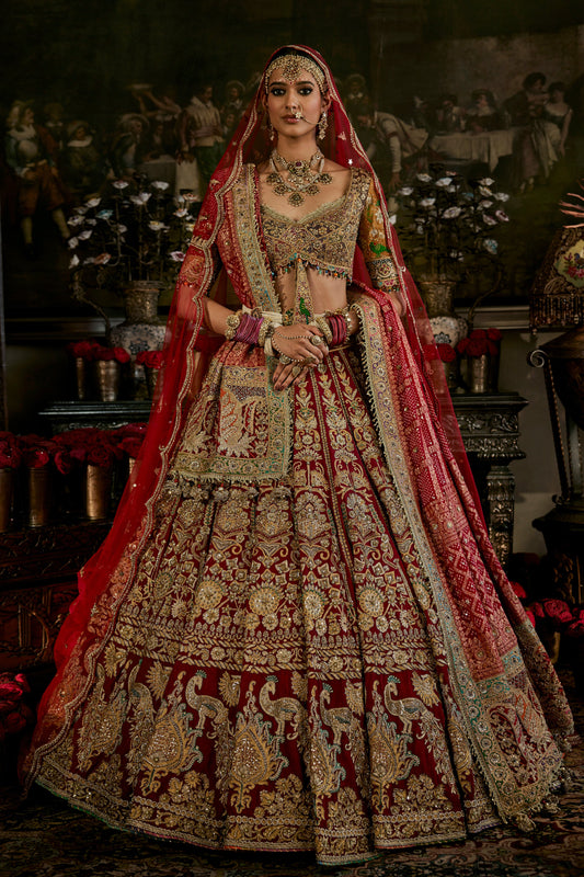 Red Vintage Brocade Lehenga