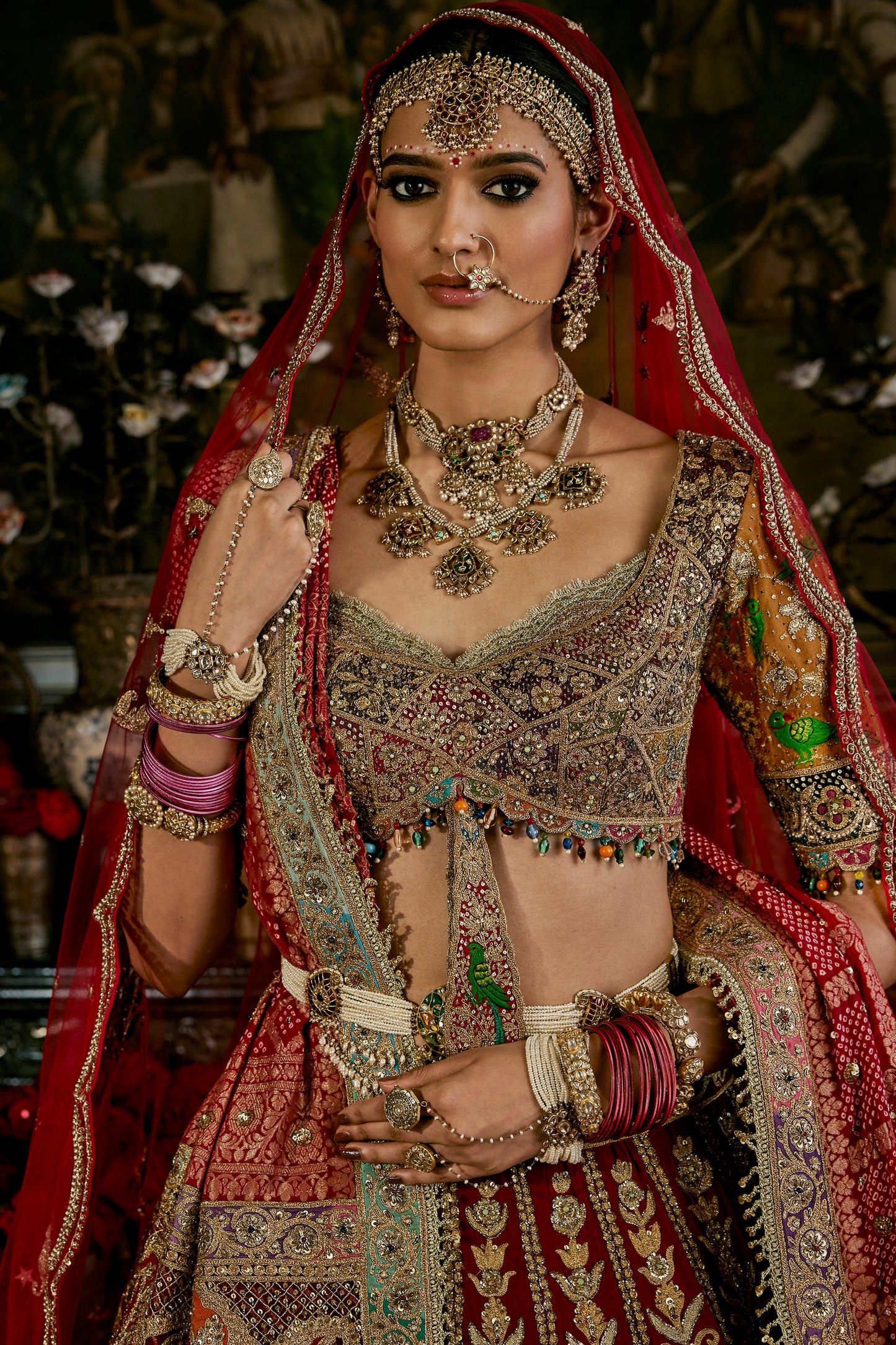 Red Vintage Brocade Lehenga