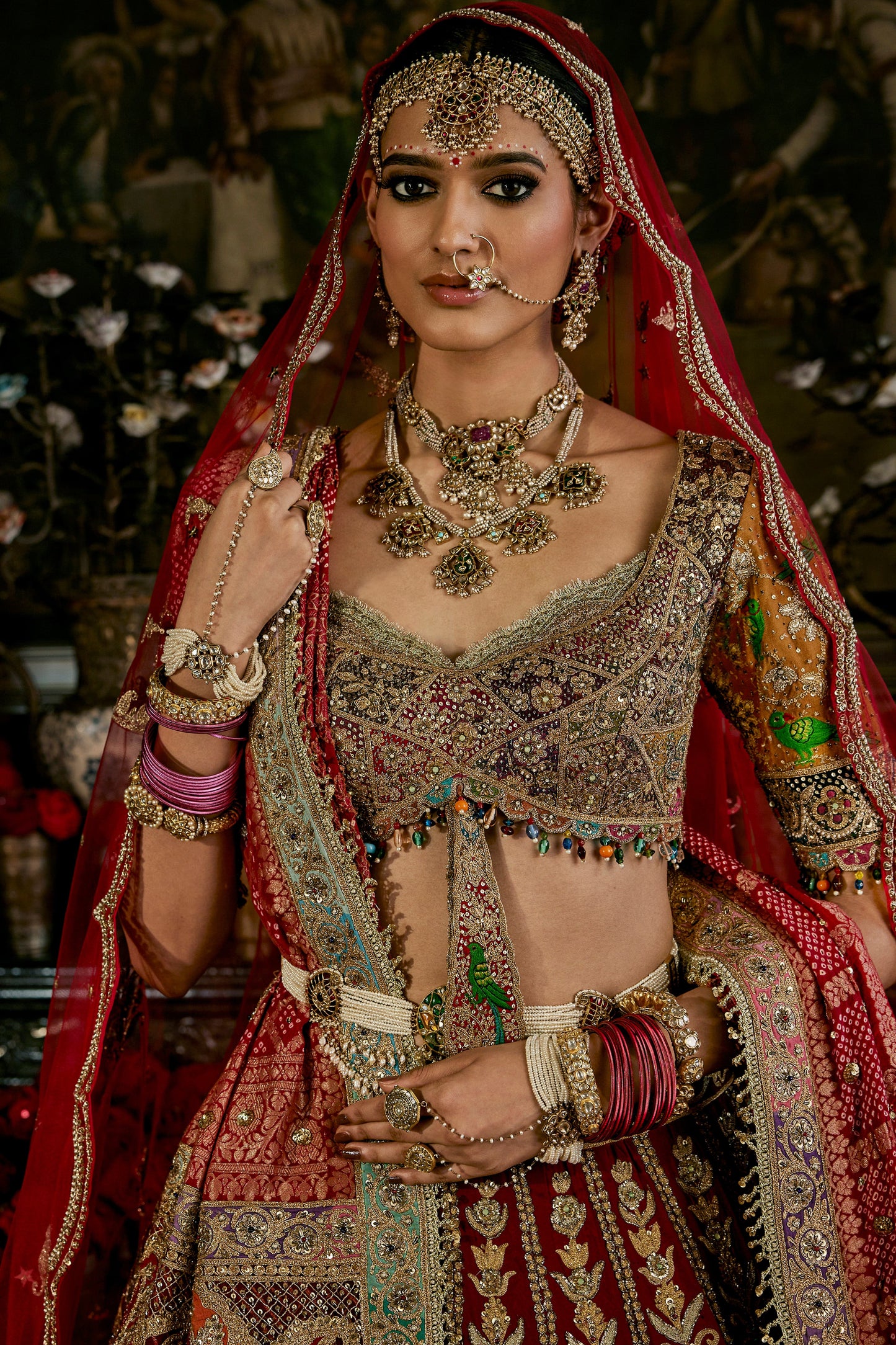 Red Vintage Brocade Lehenga