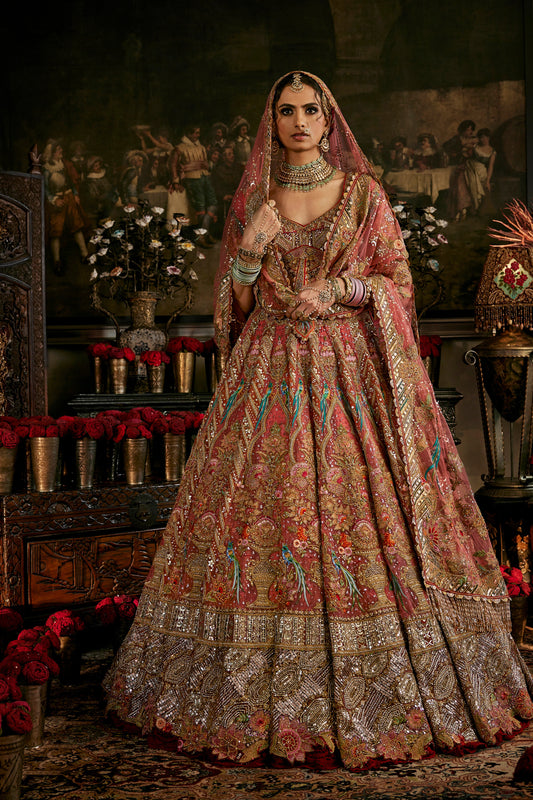 Coral Hued Tulle Lehenga