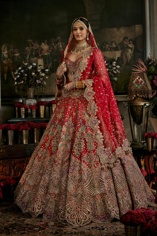 Red Tulle Cutwork Lehenga