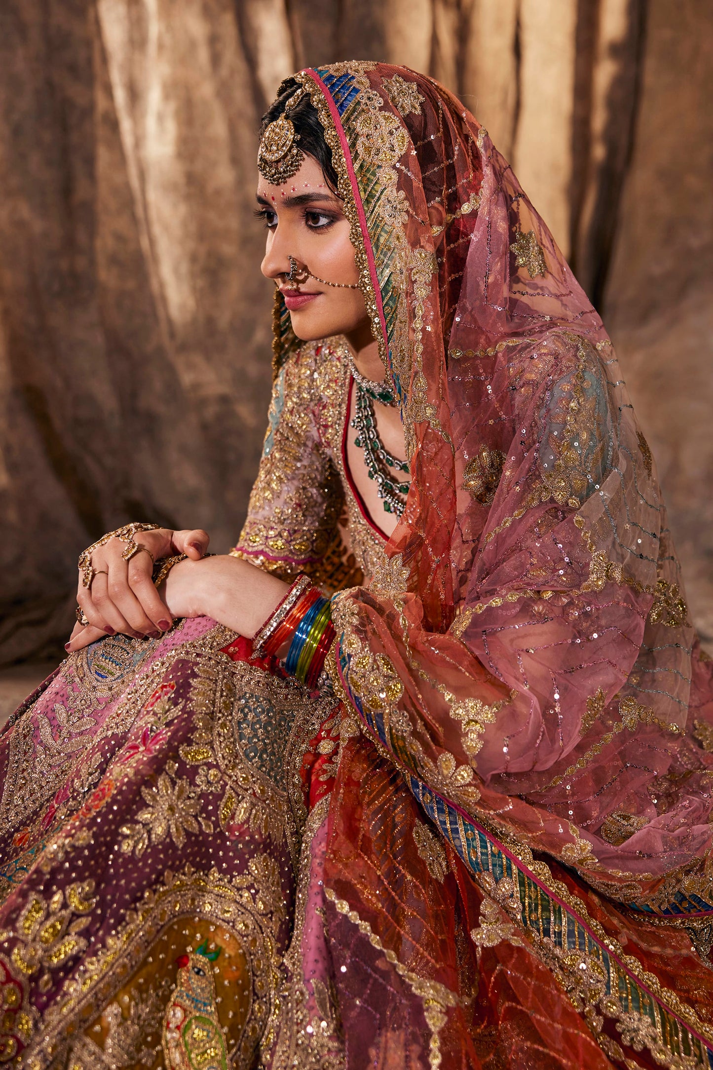 Earthy Pink & Ruby Tulle Lehenga