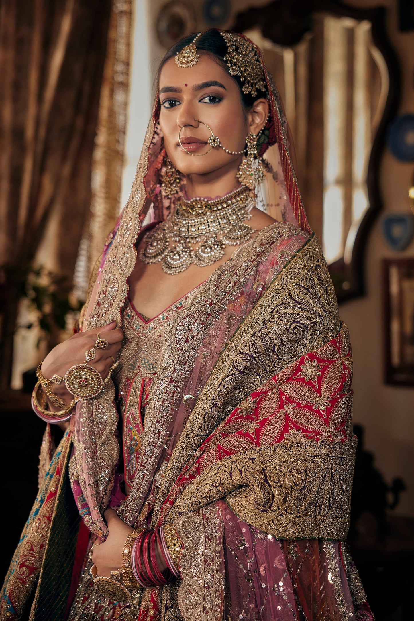 Deep Red Tulle And Silk Lehenga