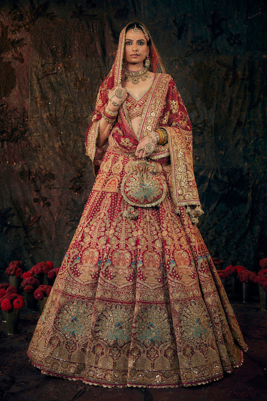 Garnet Red Mughal Inlay Lehenga