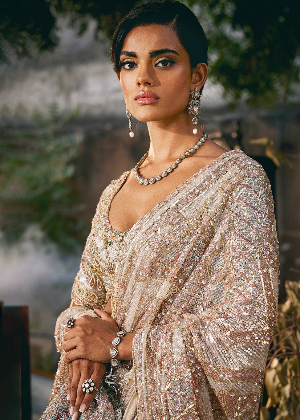 Ivory Pietra Dura Tulle Saree