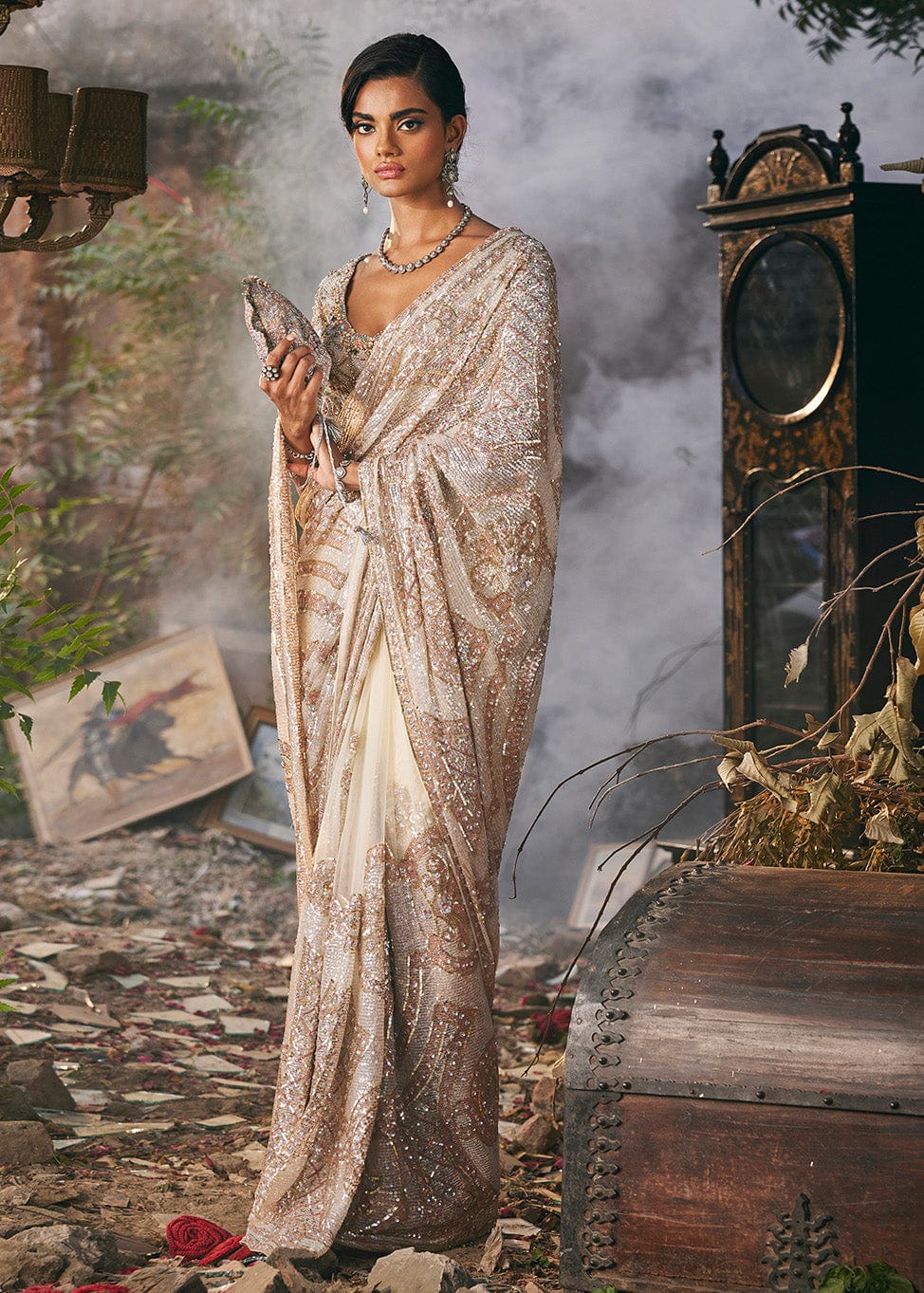 Ivory Pietra Dura Tulle Saree