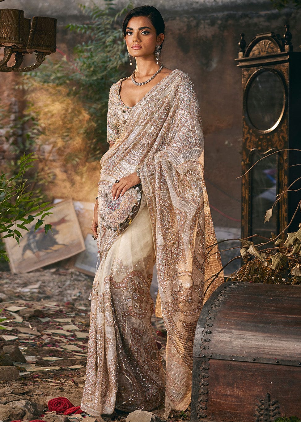 Ivory Pietra Dura Tulle Saree