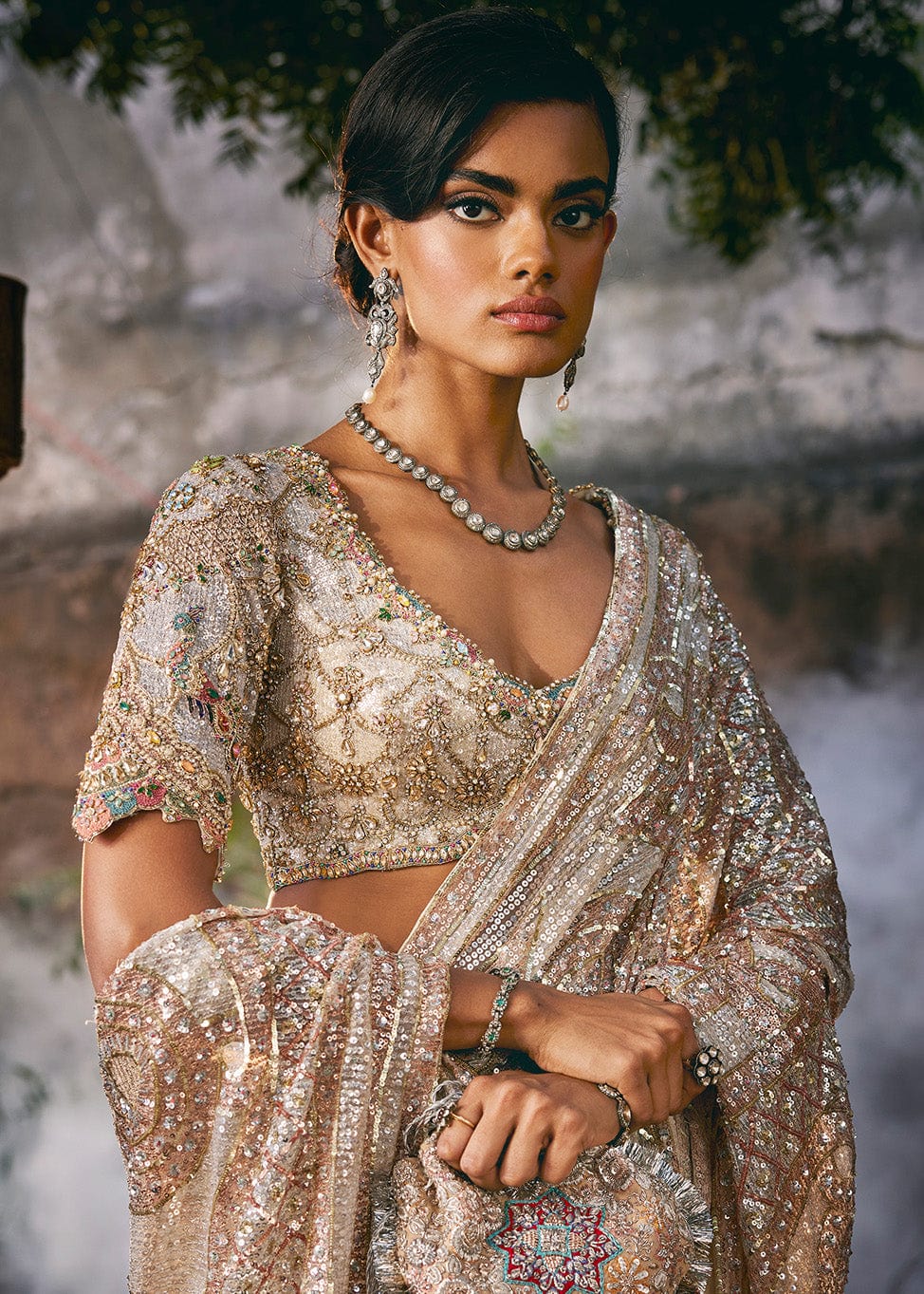 Ivory Pietra Dura Tulle Saree
