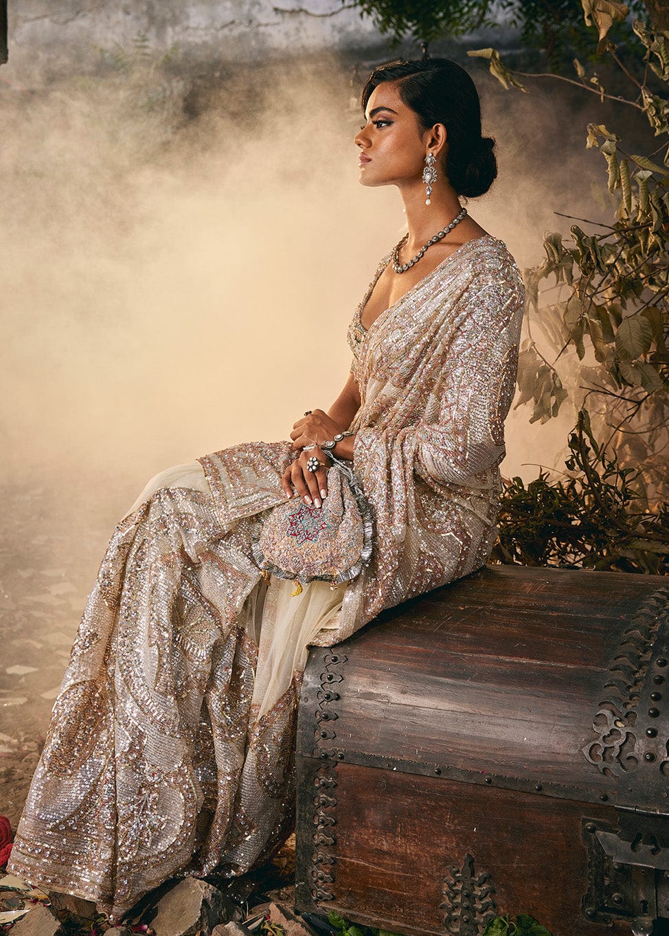 Ivory Pietra Dura Tulle Saree