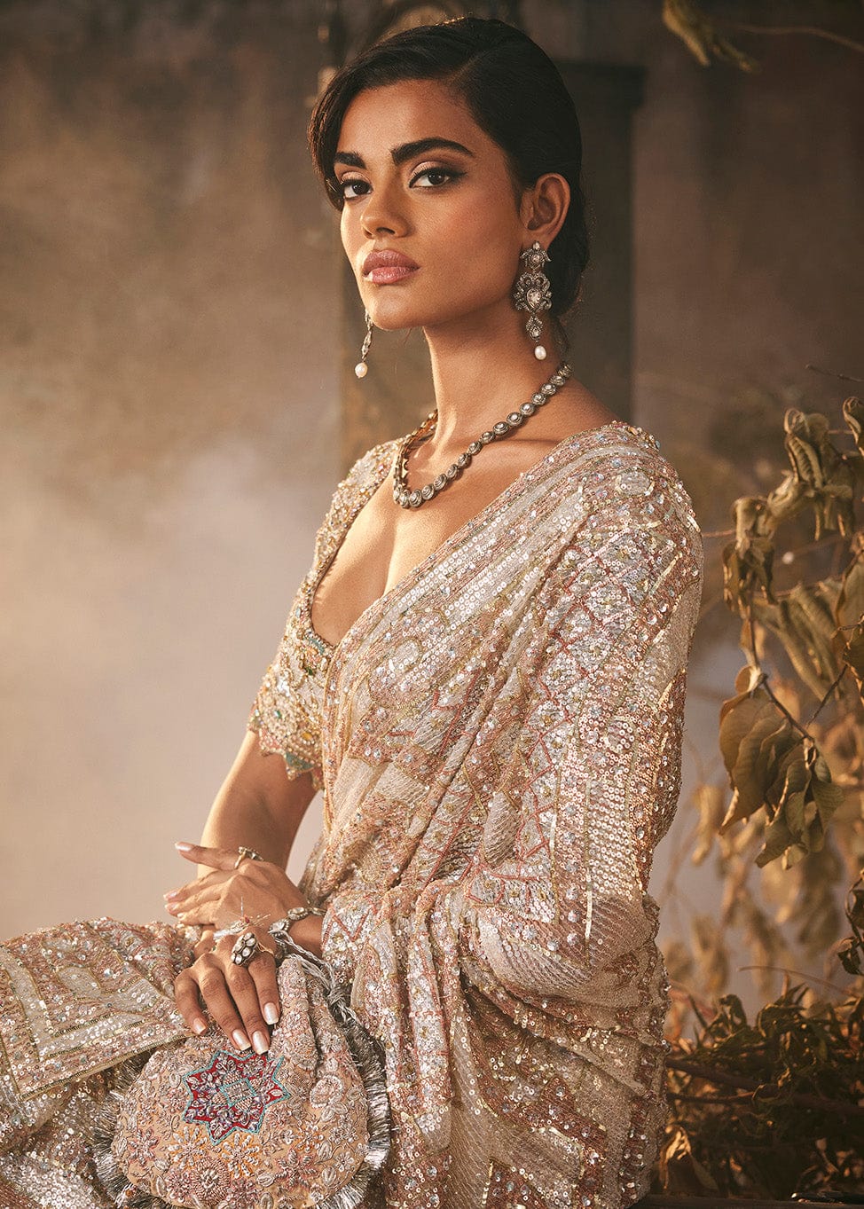 Ivory Pietra Dura Tulle Saree