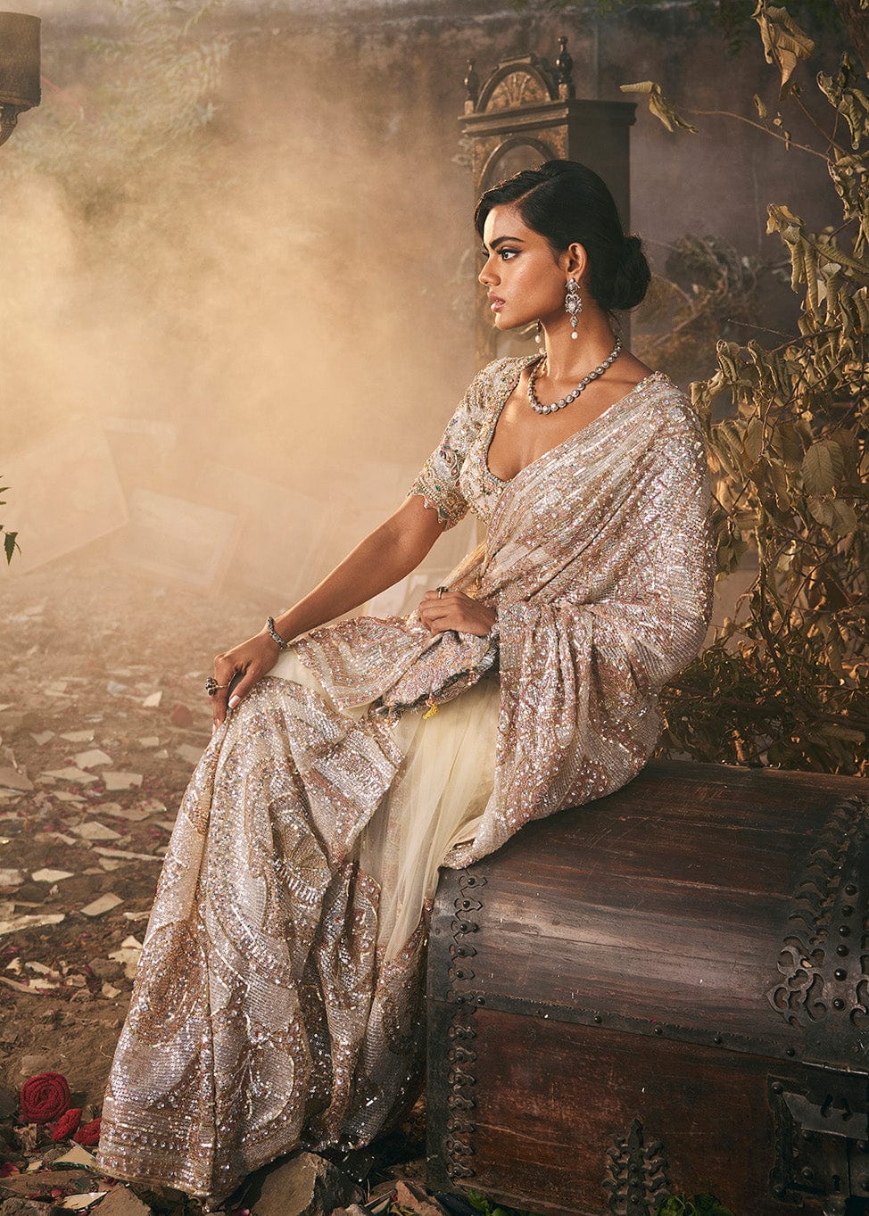 Ivory Pietra Dura Tulle Saree