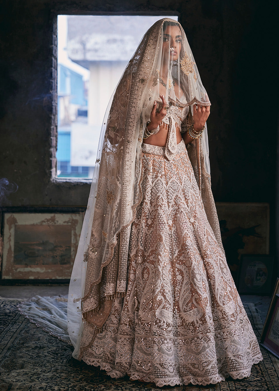 Ivory and Beige Filigree Lehenga