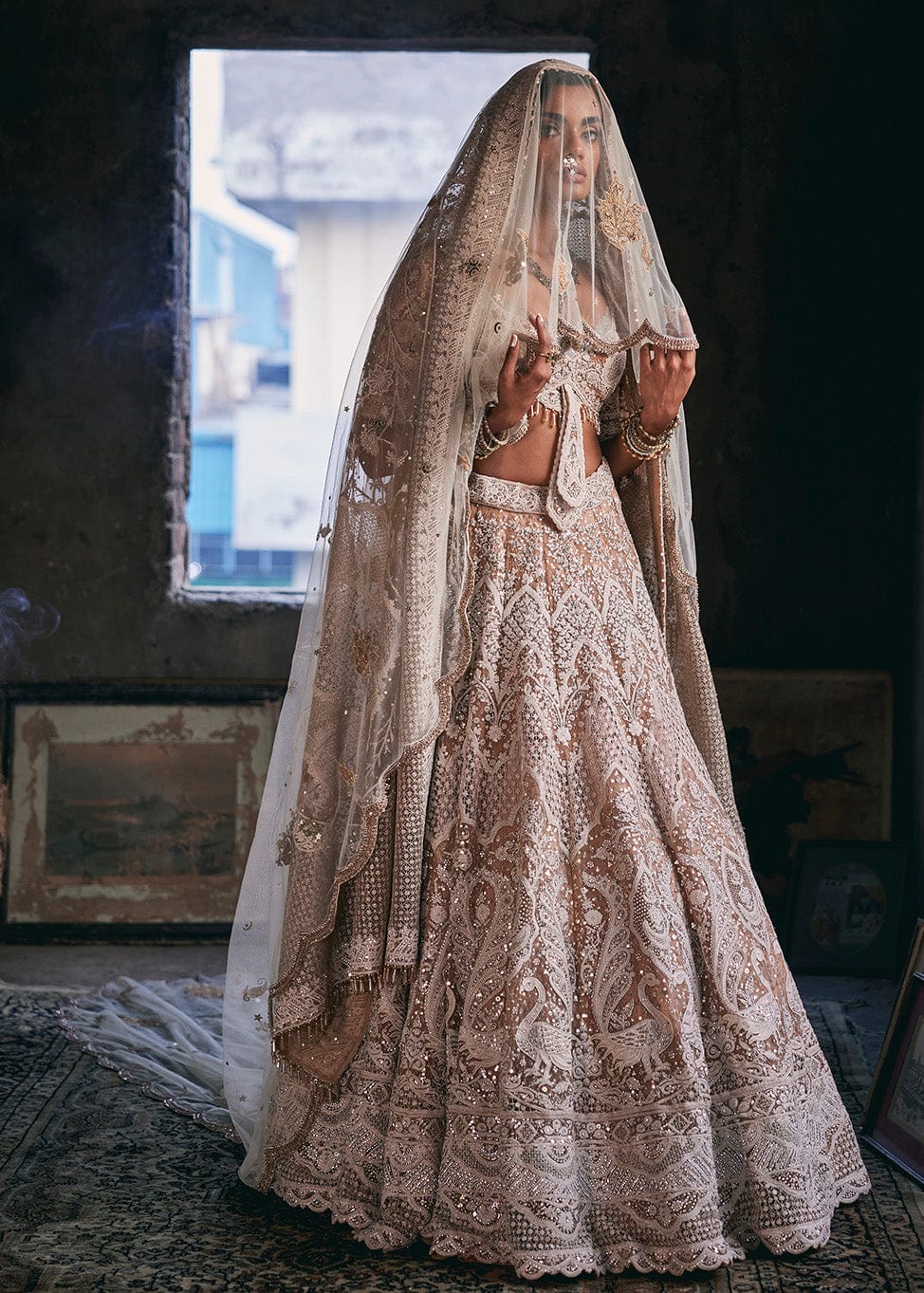 Ivory and Beige Filigree Lehenga